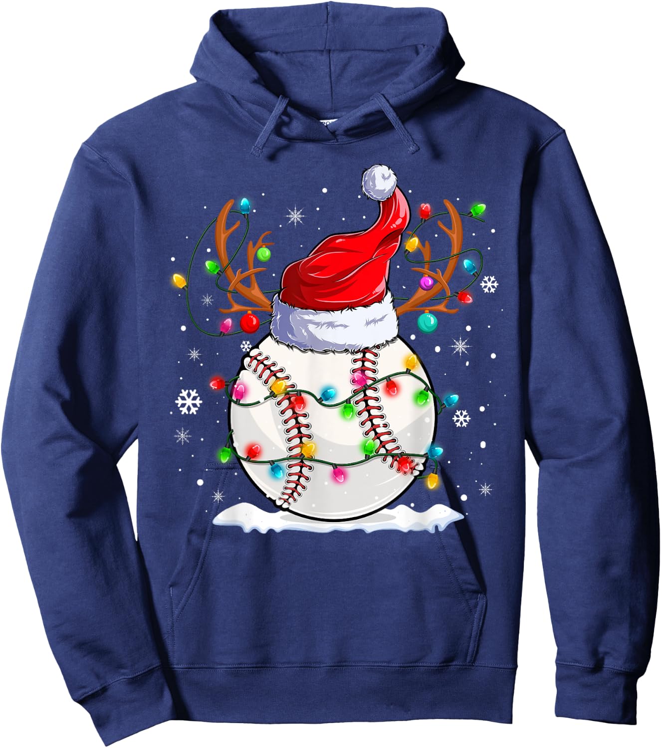 Baseball Santa Hat Reindeer Christmas Lights Funny Xmas Hoodie - Hoodie | Navy