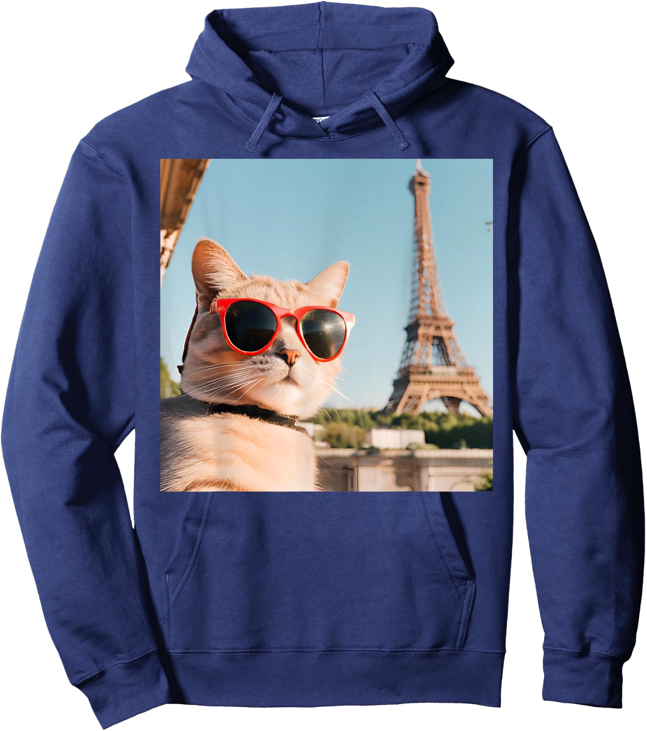 Funny Cat Wearing Sunglasses At The Eiffel Tower in France Women Kids Hoodie - Hoodie | Navy