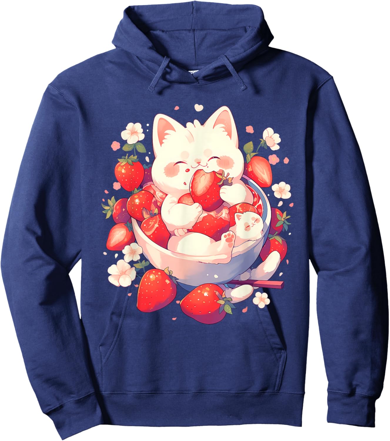 Strawberry Cat Animal Art Strawberries Floral Drawing Hoodie - Hoodie | Navy