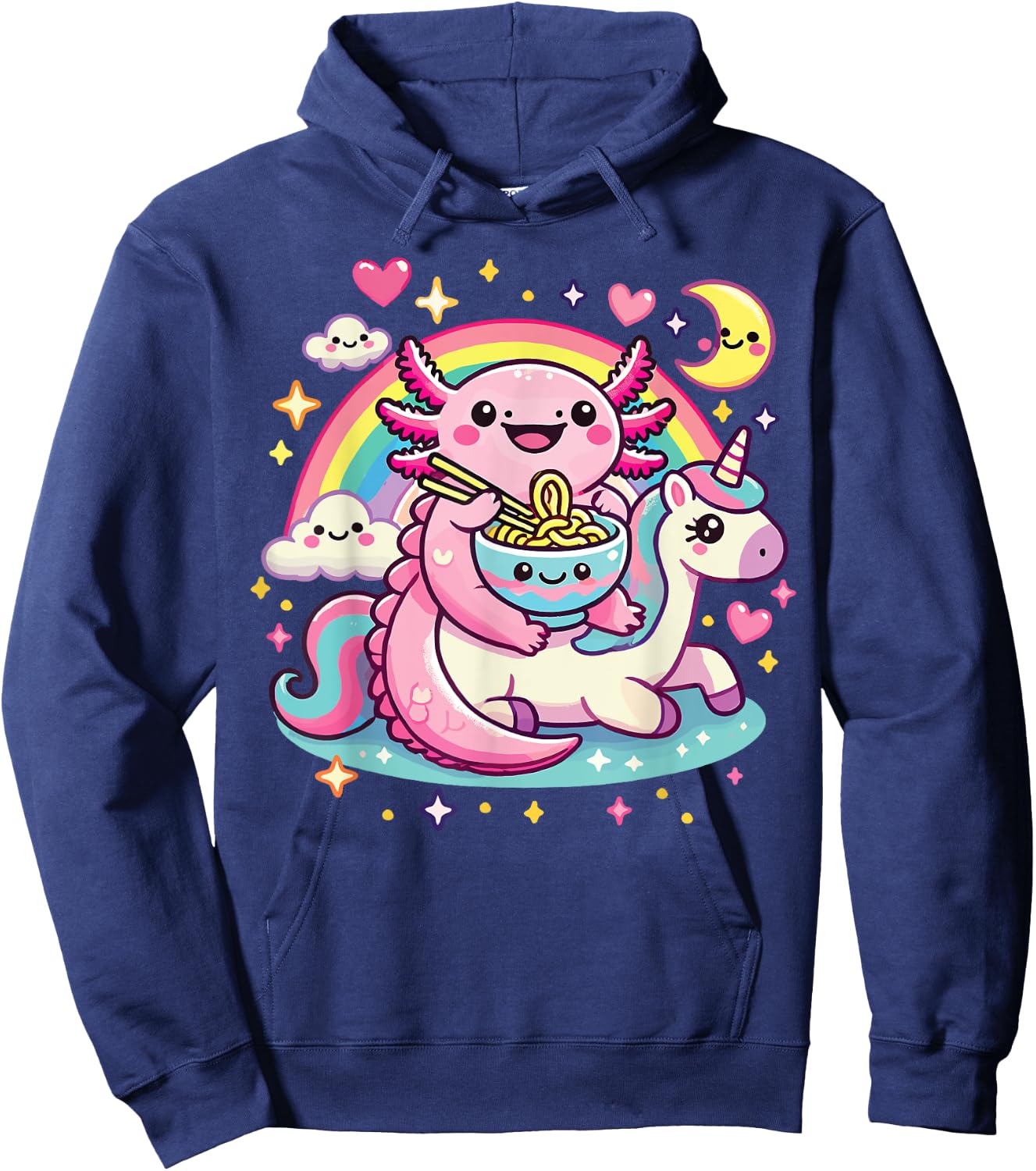Anime Kawaii Axolotl Eating Ramen Noodles Rainbow Kids Girl Hoodie - Hoodie | Navy