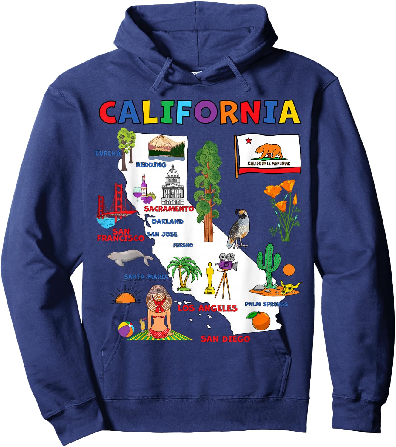 Map of California with Flag, Landmarks and Major Cities Hoodie - Hoodie | Navy