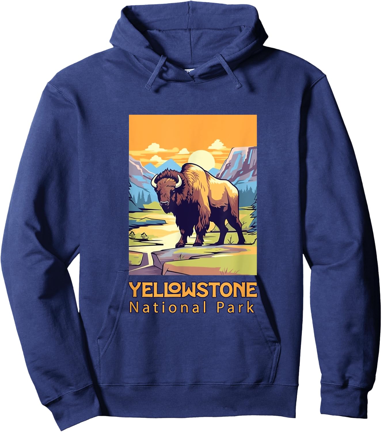 Yellowstone National Park Bison Large Cartoon Graphic Hoodie - Hoodie | Navy