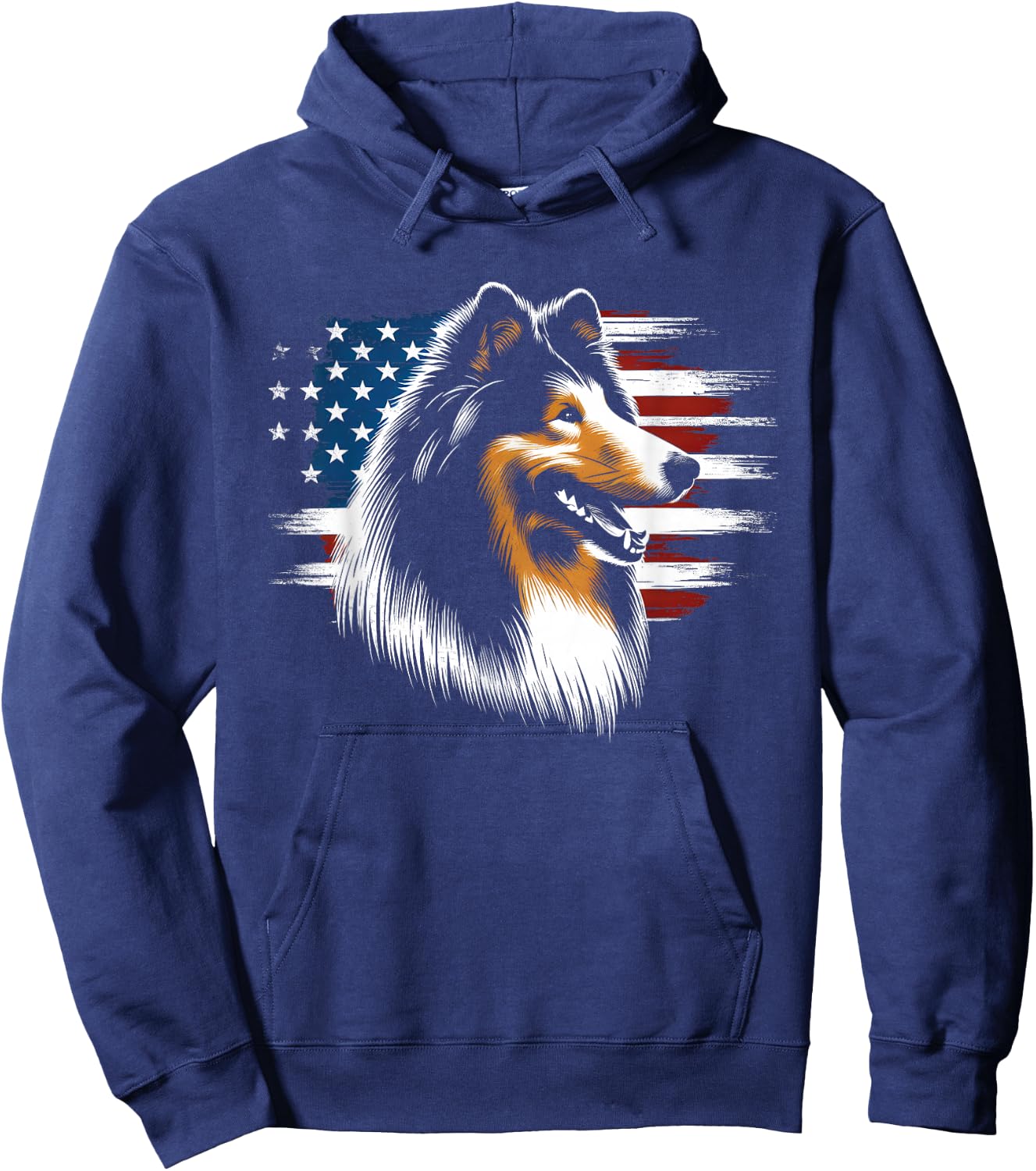 Rough Collie American Flag - Patriotic Collie Dog Lover Hoodie - Hoodie | Navy