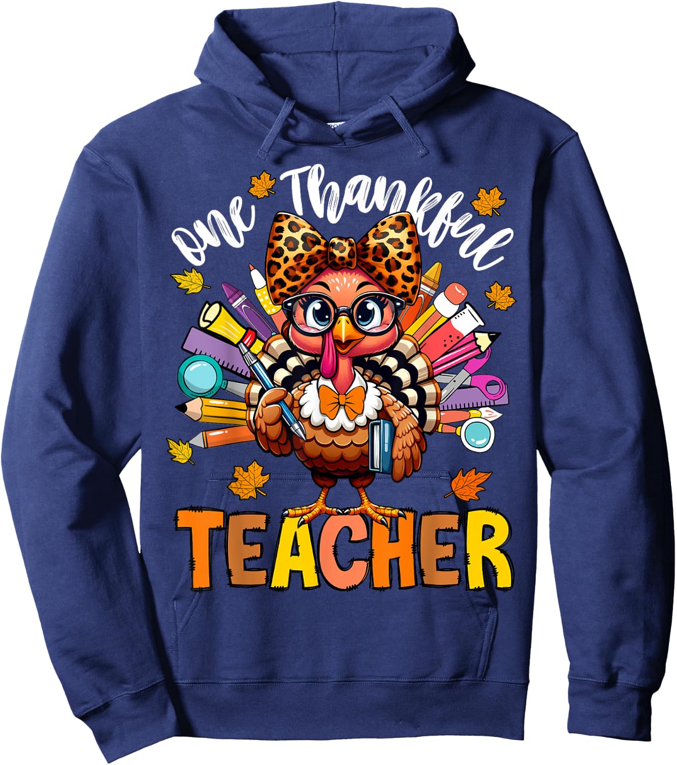 One Thankful Teacher Thanksgiving Turkey Cute Crayon Pencil Hoodie - Hoodie | Navy