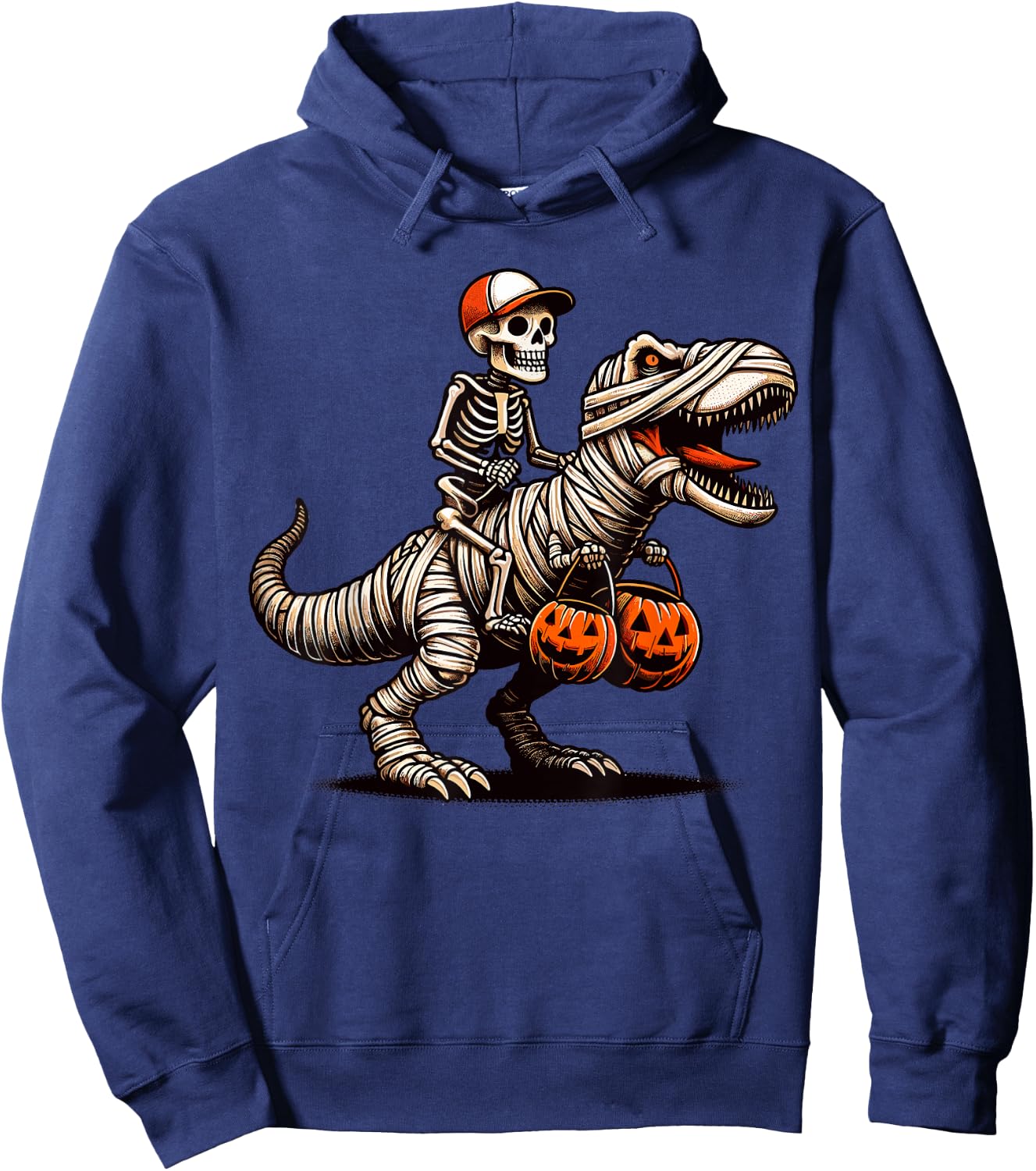 Skeleton Riding Mummy Dinosaur Pumpkin Halloween Hoodie - Hoodie | Navy