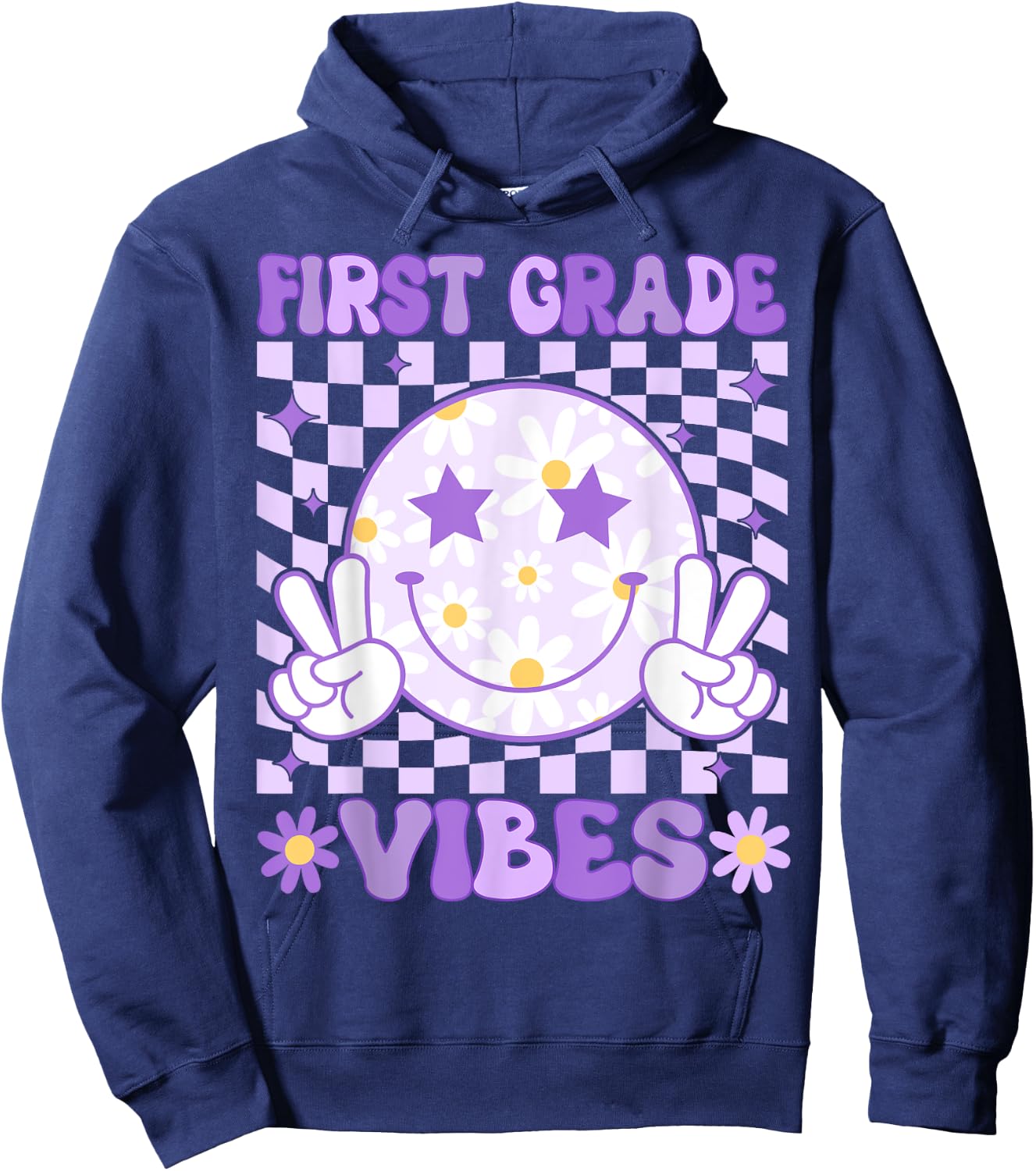 Groovy First Grade Vibes Back to School 1st Grade Teacher Hoodie - Hoodie | Navy