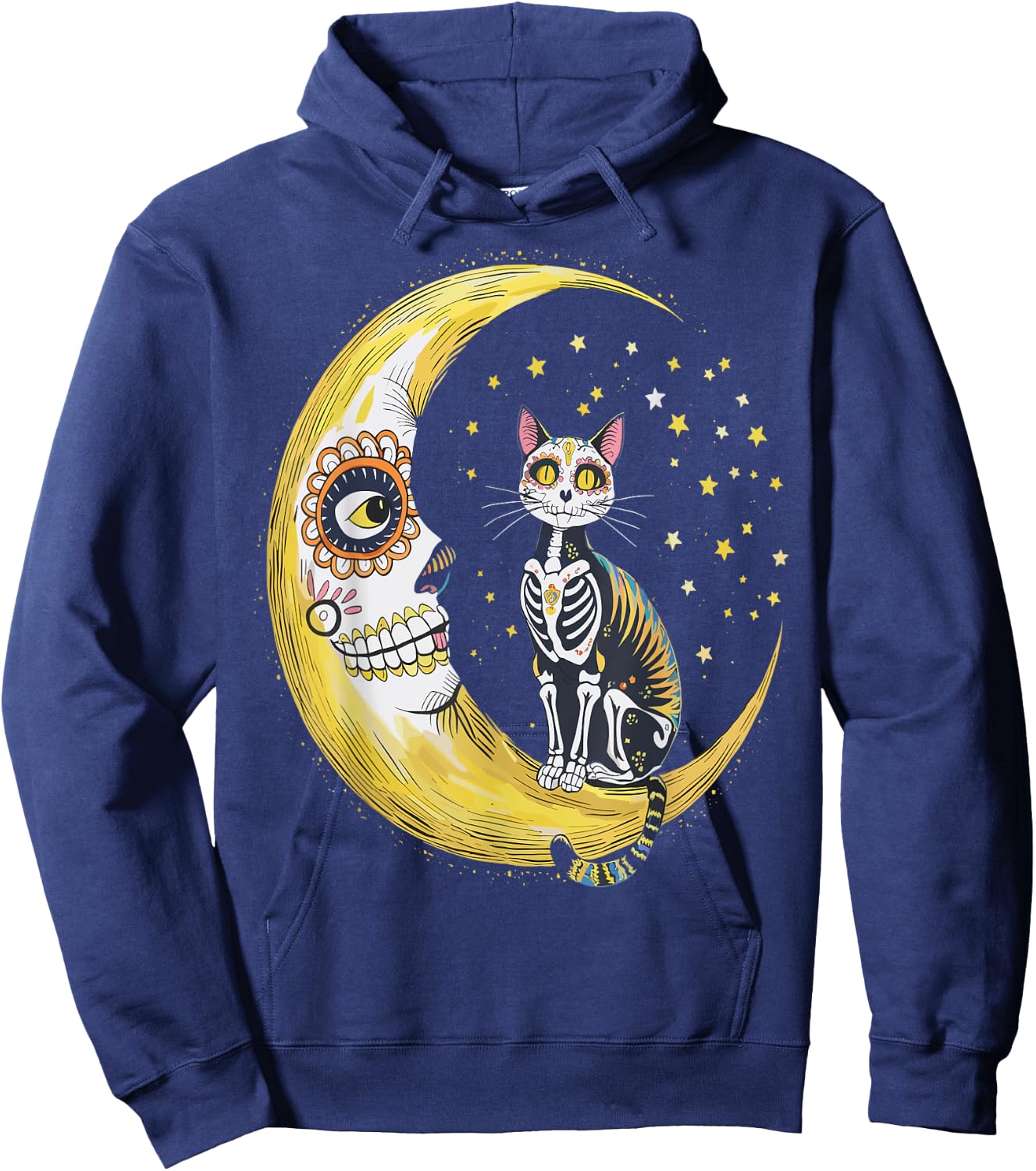 Cat And Moon Sugar Skull Dia De Los Muertos Day Of The Dead Men Women Kids Hoodie - Hoodie | Navy