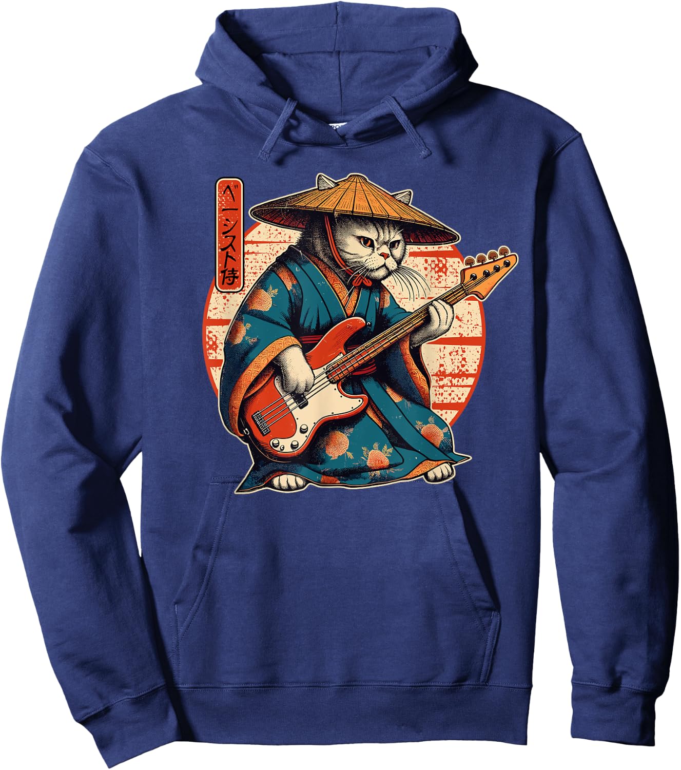 Japanese Samurai Cat Playing The Bass Men Women Girls Kids Hoodie - Hoodie | Navy