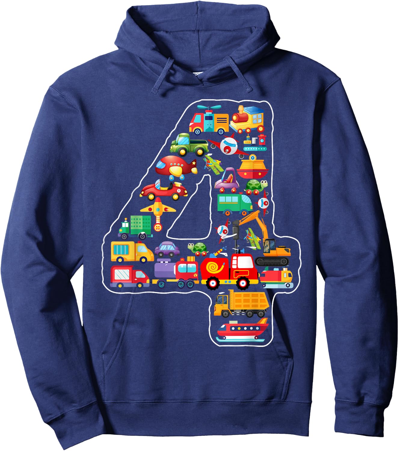 Kids 4th Birthday For Boys Cars Vehicles Fire Truck Airplane Hoodie - Hoodie | Navy