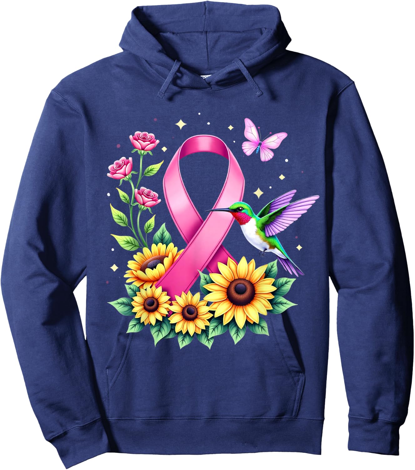 Hummingbird Sunflower Pink Ribbon Breast Cancer Awareness Hoodie - Hoodie | Navy
