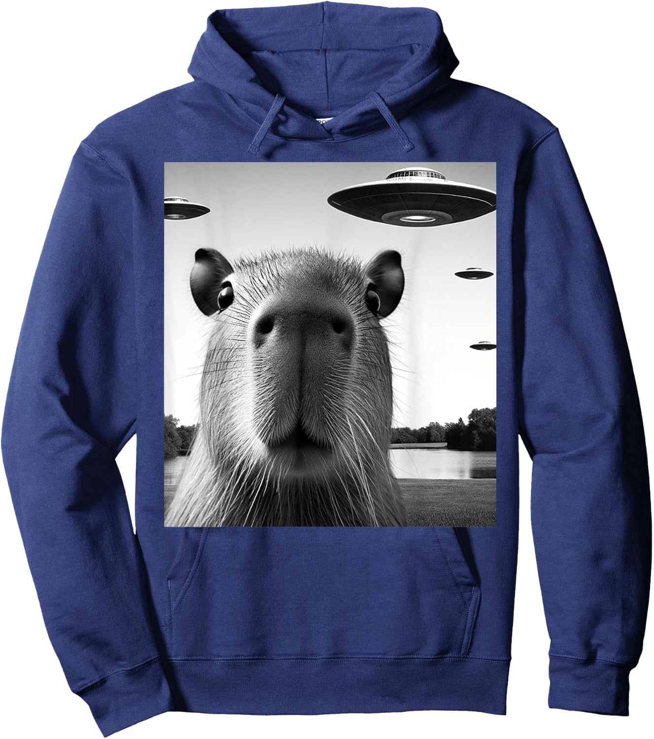 Funny Capybara Selfie with UFOs Weird Graphic Hoodie - Hoodie | Navy