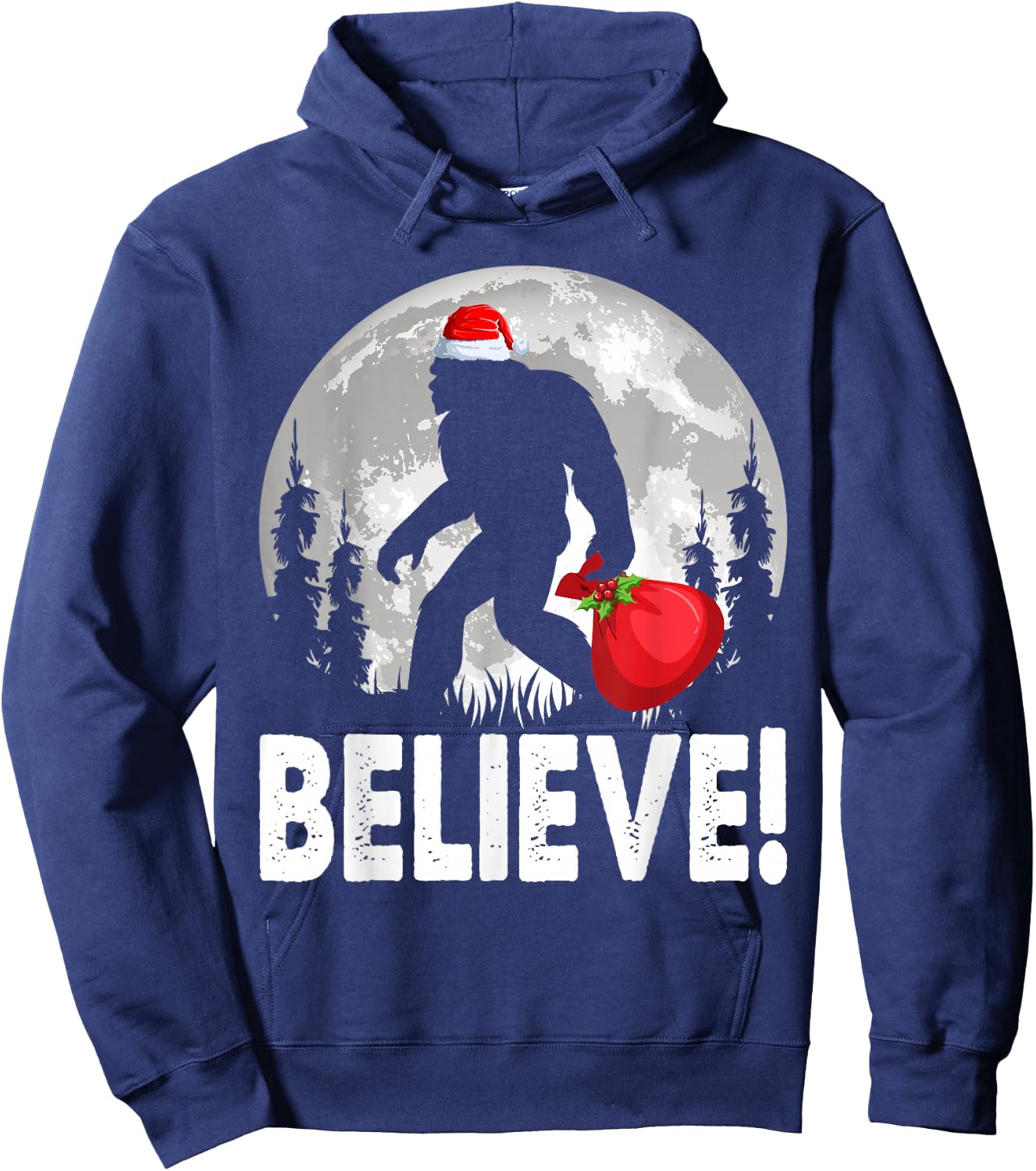 Believe! Santa Bigfoot Christmas Snow & Moon Night Graphic Hoodie - Hoodie | Navy