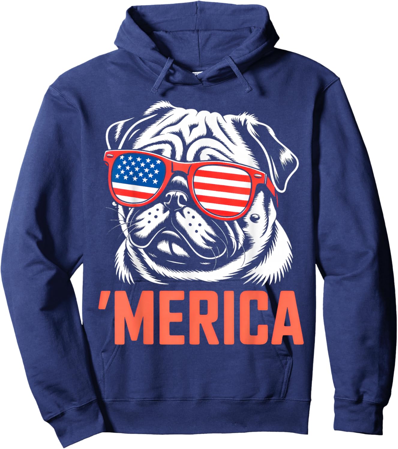 Merica Pug American Flag Patriotic USA Dog Lover Men Women Hoodie - Hoodie | Navy