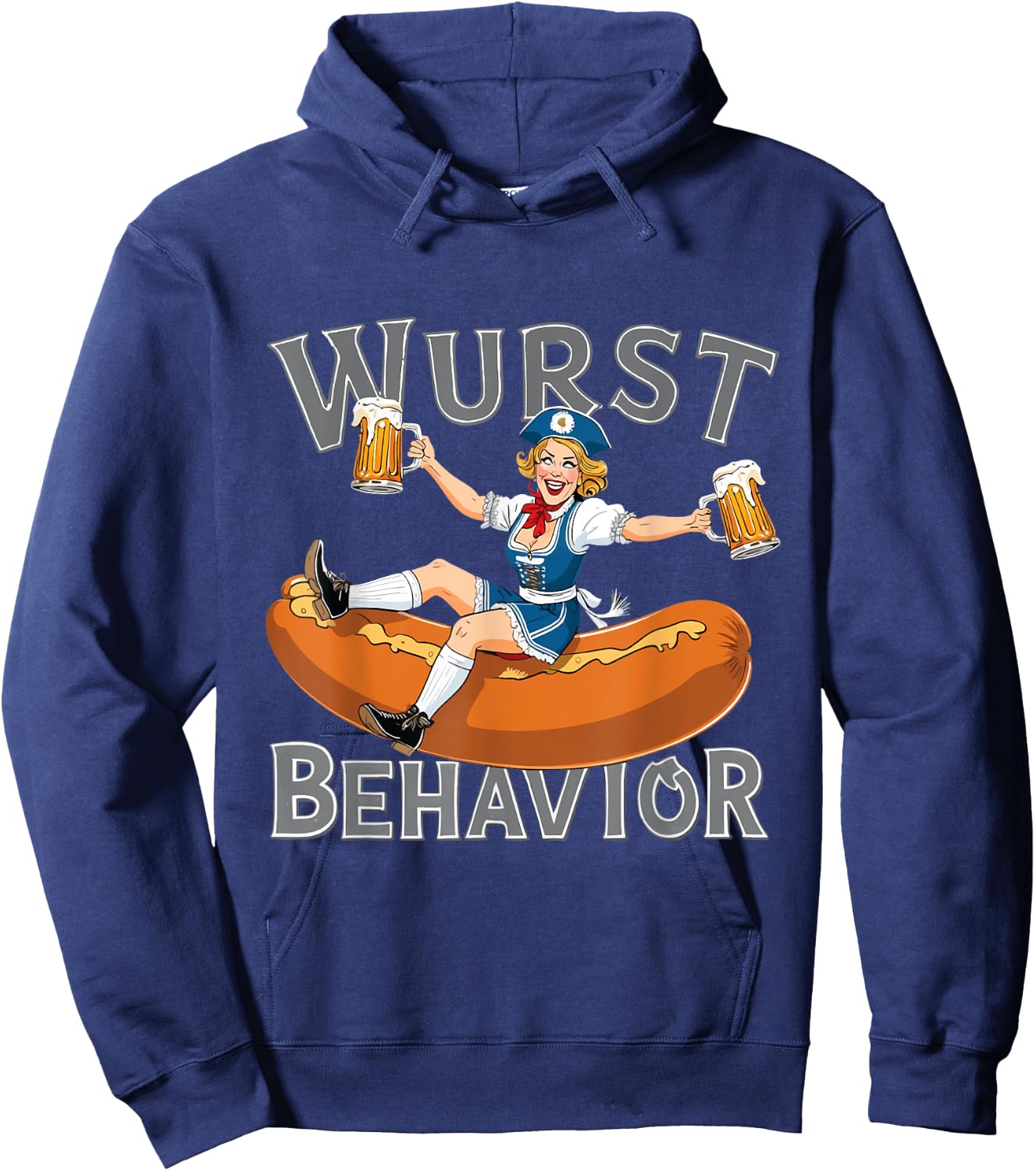 Wurst Behavior: Oktoberfest Bavarian Woman And Bratwurst Hoodie - Hoodie | Navy