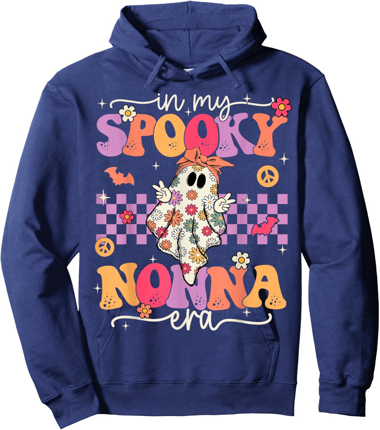 Groovy In My Spooky Nonna Era Hippie Halloween Floral Ghost Hoodie - Hoodie | Navy