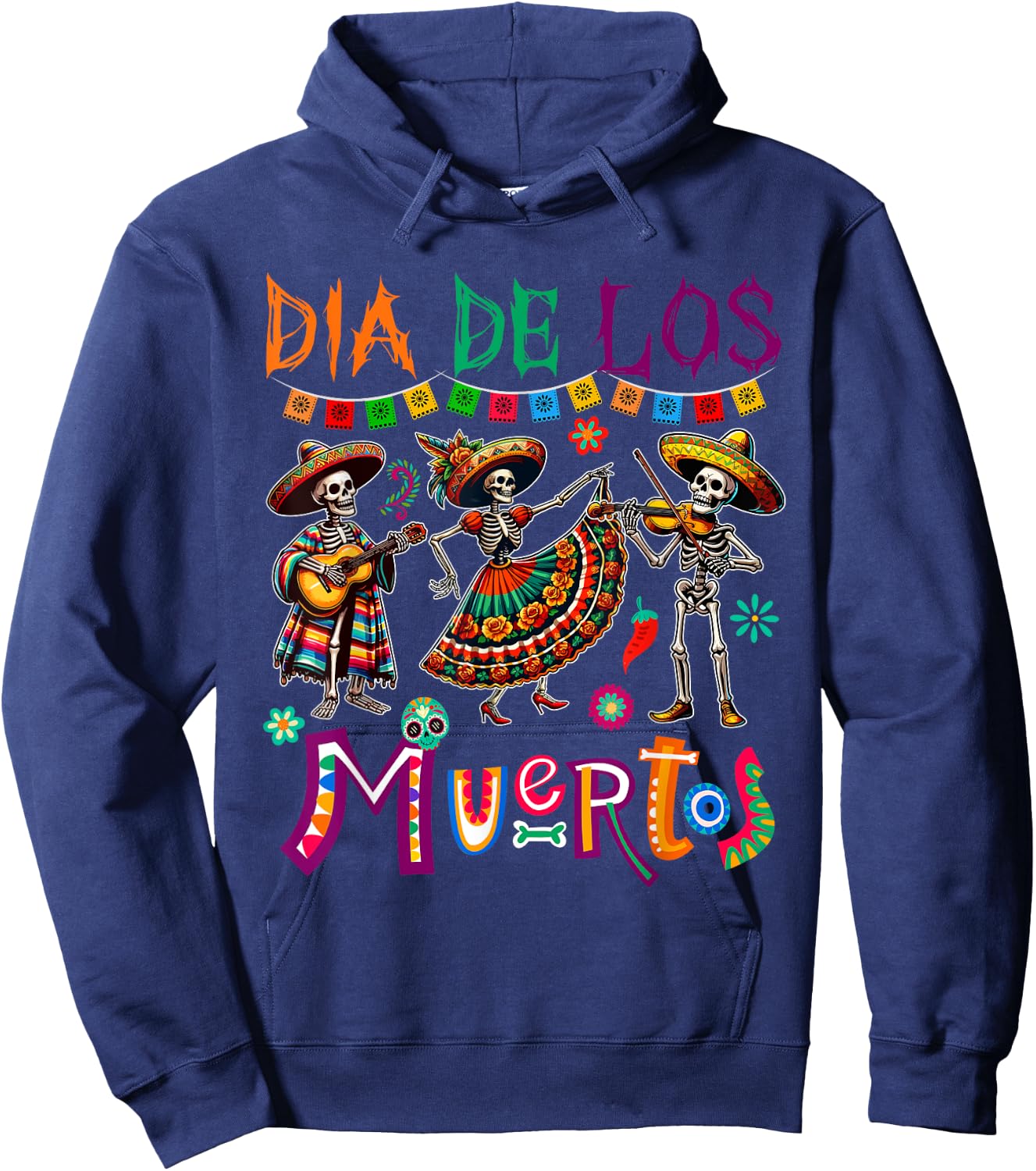 Dia De Los Muertos Three Floral Skeletons Mexican Dancing Hoodie - Hoodie | Navy
