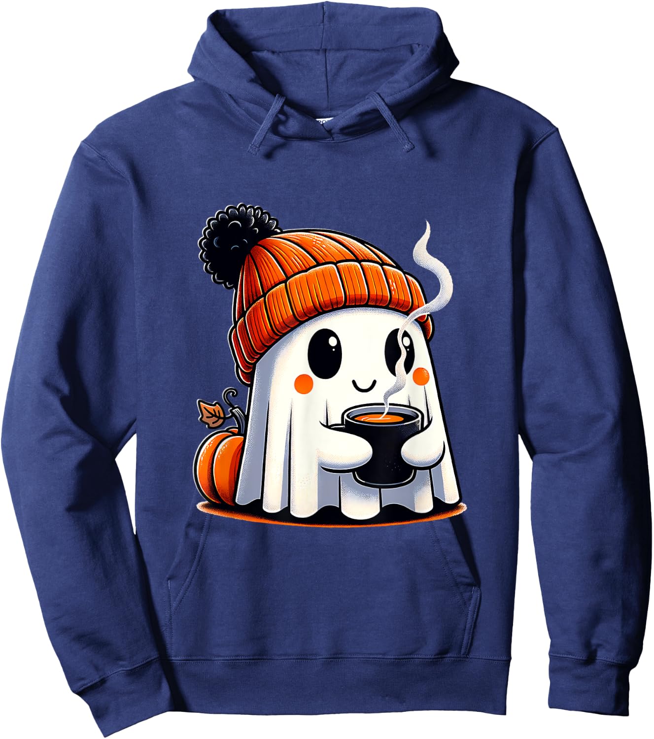 Halloween Cute Kawaii Ghost Drinking Coffee Women Men Kids Hoodie - Hoodie | Navy