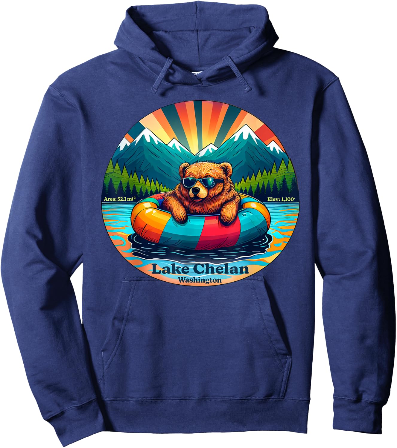 Lake Chelan, Washington Bear with Sunglasses Souvenir Hoodie - Hoodie | Navy