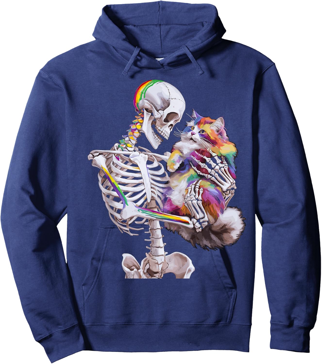 Colorful Paint Splash Cat And Skeleton Art Graphic Hoodie - Hoodie | Navy