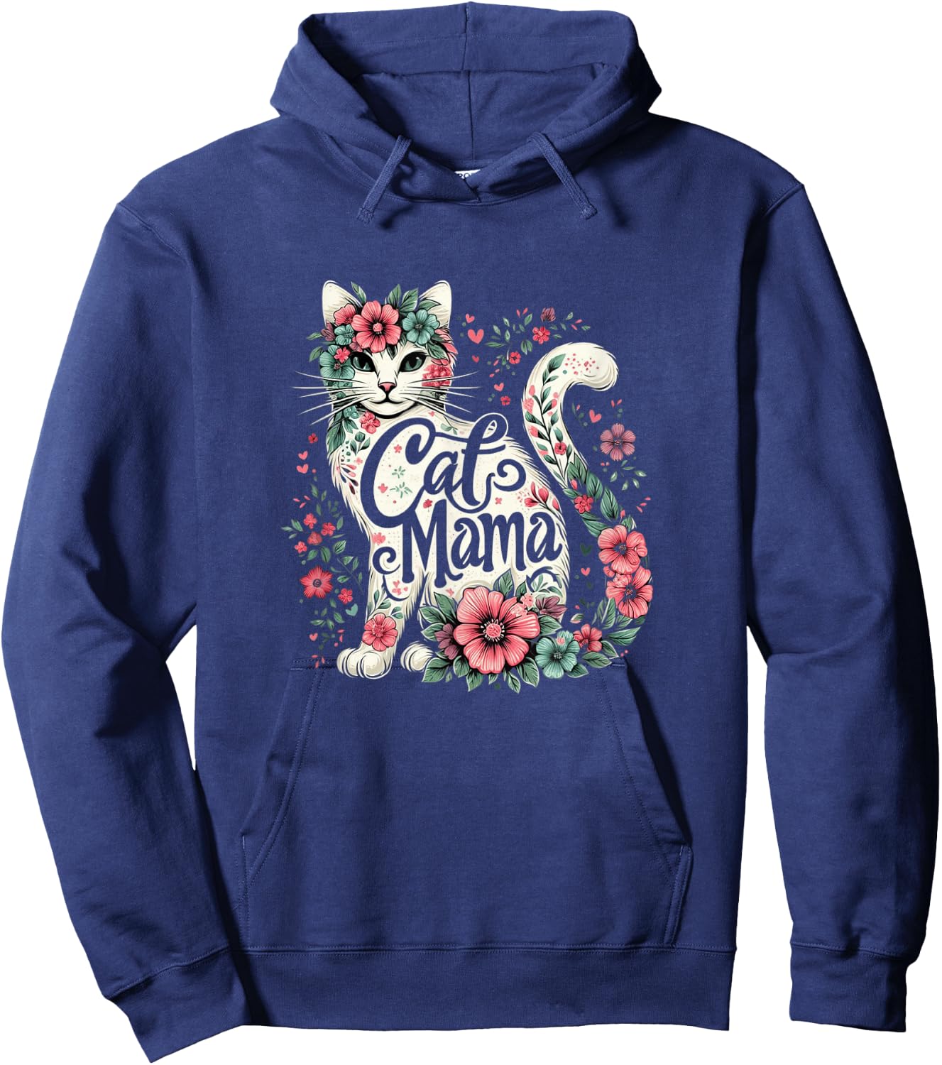 Cat Mama Cute Flower Cat Mother's Day Floral Cat Mom Hoodie - Hoodie | Navy