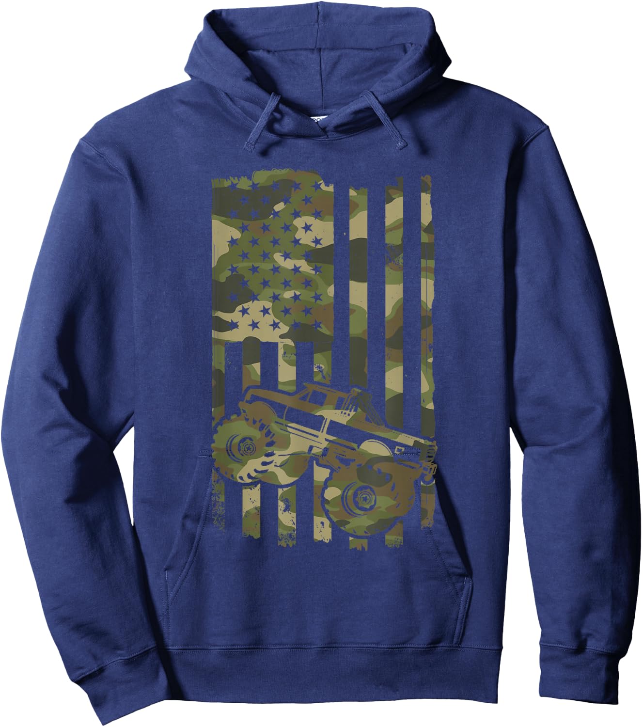 Monster Trucker Retro Monster Truck USA Flag 4th July Hoodie - Hoodie | Navy