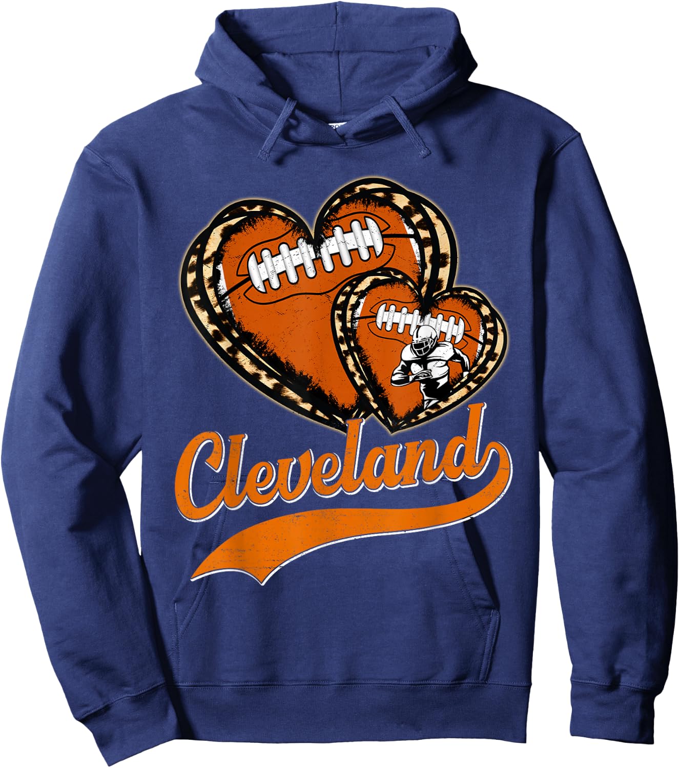 Vintage Leopard Heart Cleveland Football Player Sport Fans Hoodie - Hoodie | Navy