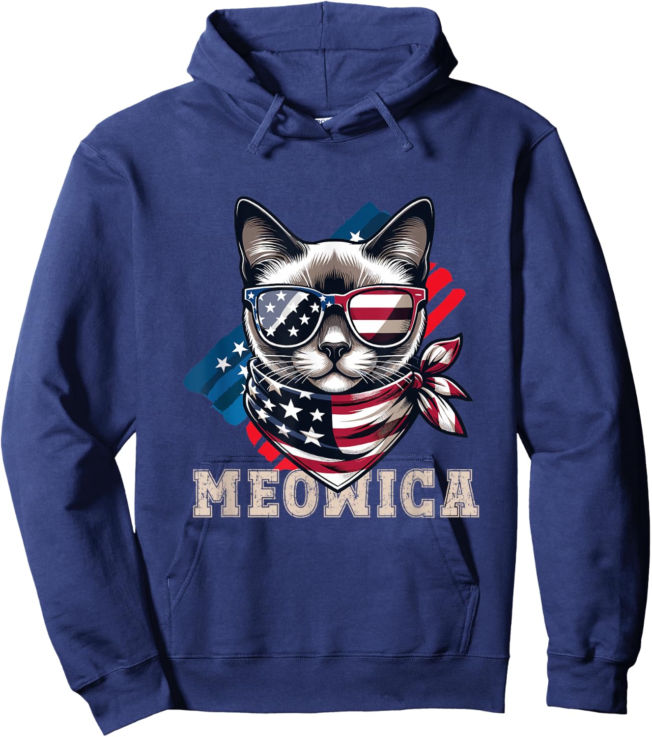 American Flag Funny Cat Meme Patriotic Meowica USA Apparel Hoodie - Hoodie | Navy