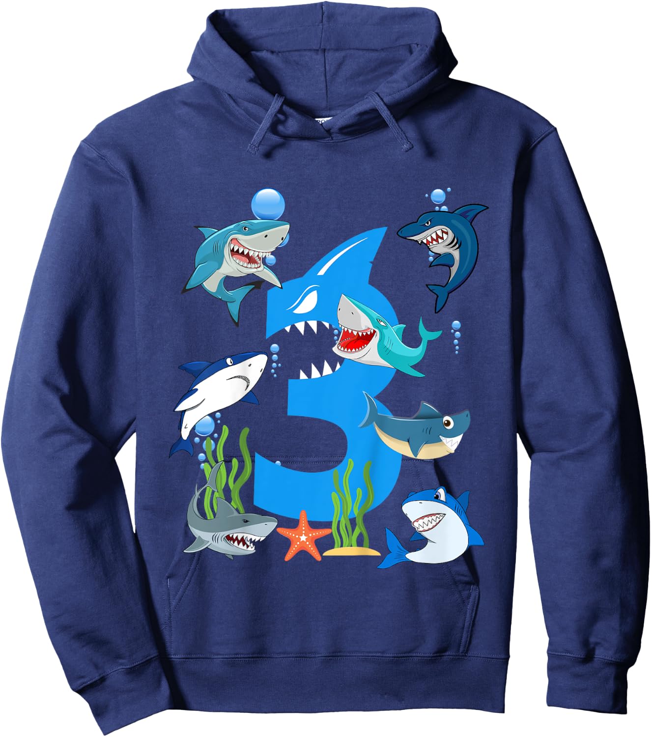 Kids 3 Years Old Shark Ocean-Theme Party 3rd Birthday Boy Hoodie - Hoodie | Navy