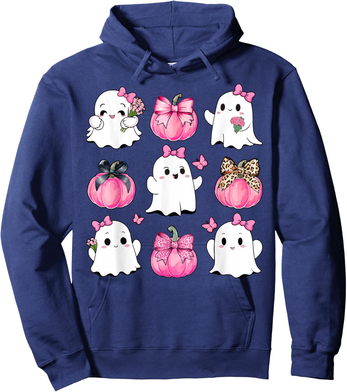 Cute Ghost Florals Pink Coquette Bows Pumpkins Halloween Hoodie - Hoodie | Navy