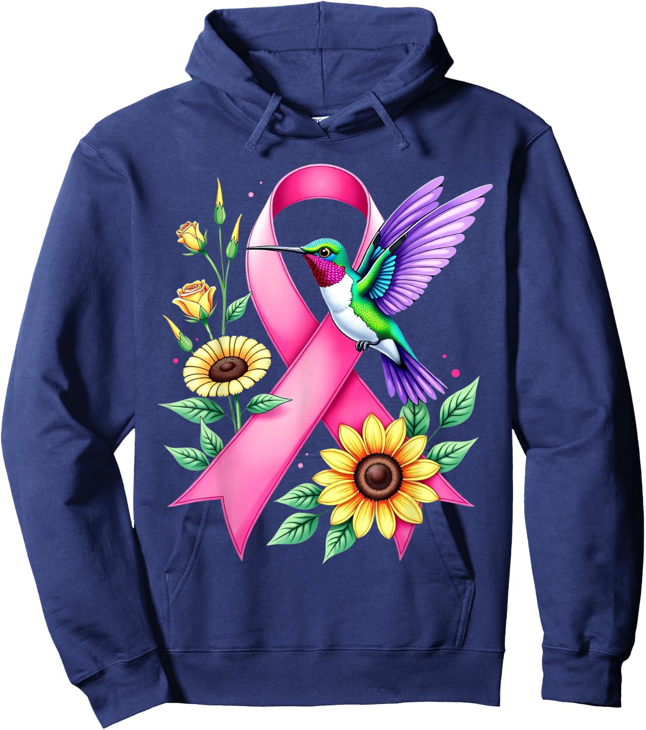 Hummingbird Sunflower Pink Ribbon Breast Cancer Awareness Hoodie - Hoodie | Navy