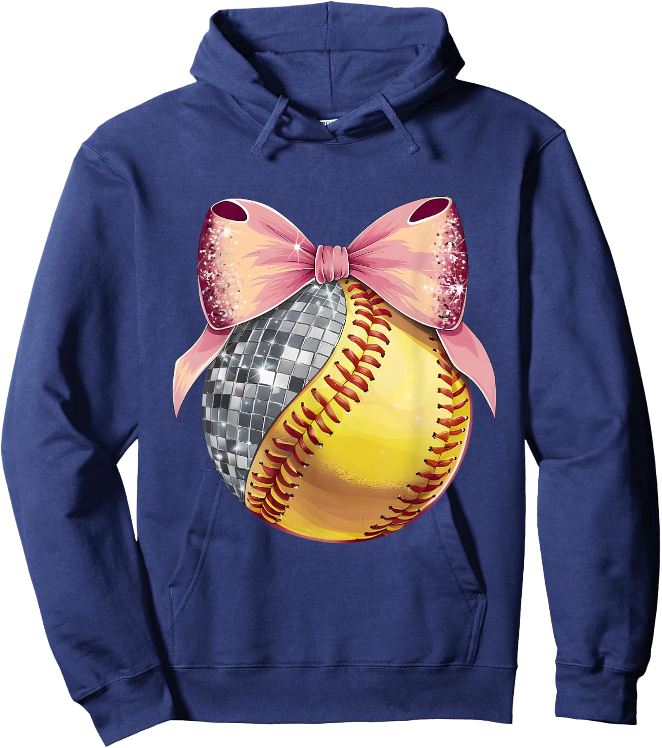 Cute Coquette Bow Disco Ball Softball Player Game Day Mom Hoodie - Hoodie | Navy