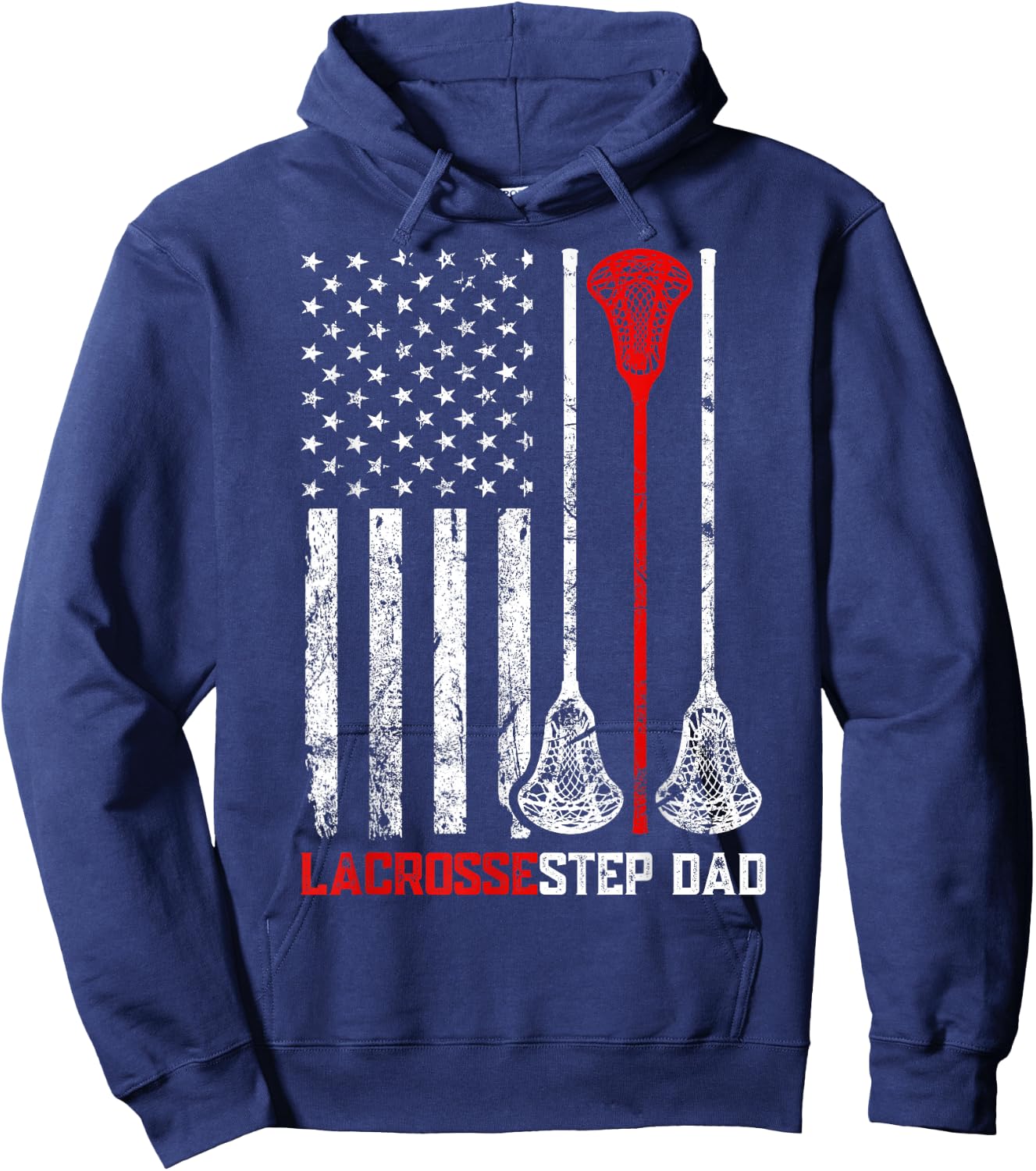 Vintage Lacrosse Step Dad USA Flag Patriotic Family Matching Hoodie - Hoodie | Navy