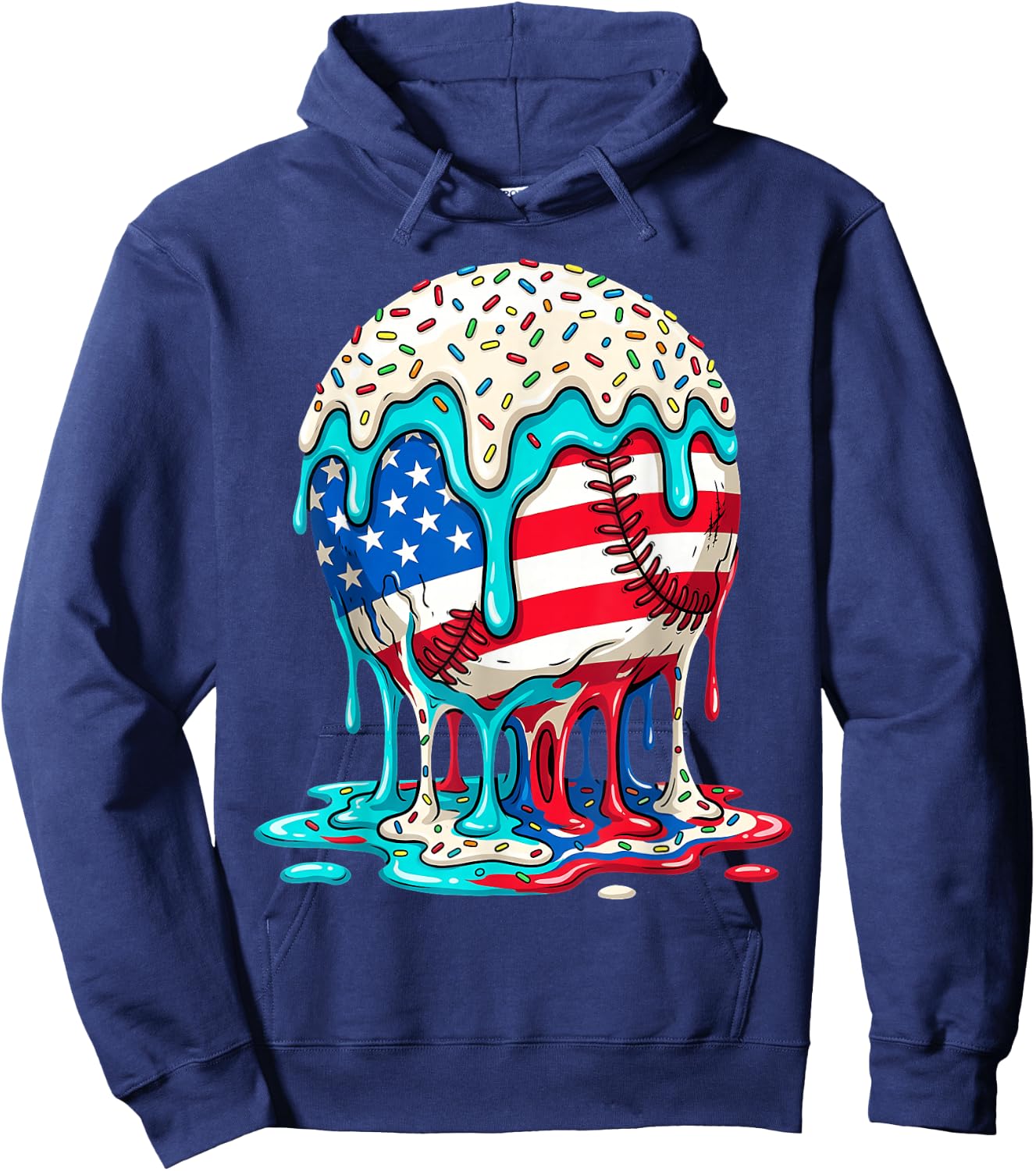 Baseball Drip Ice Cream Dripping 4th of July American Flag Hoodie - Hoodie | Navy