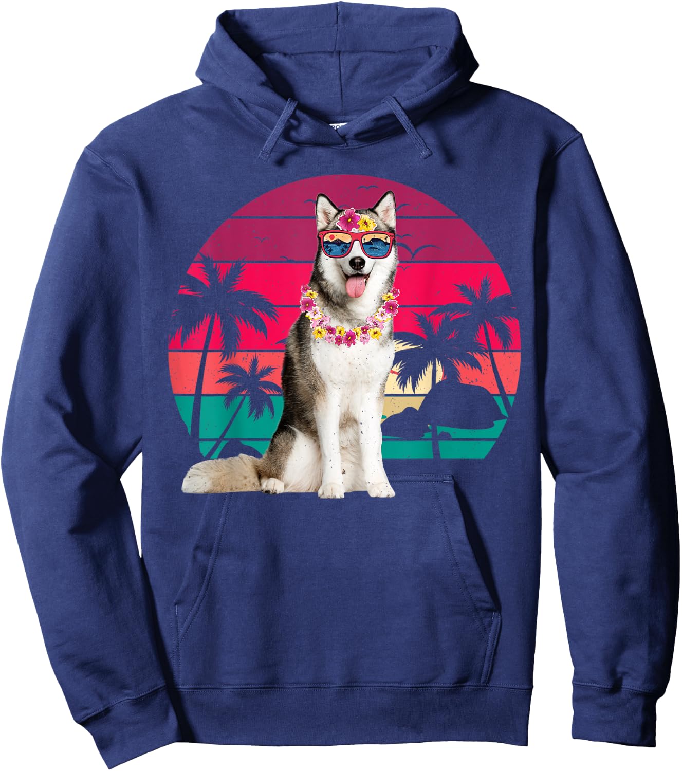 Retro Hawaiian Husky Dog Tropical Palm Trees Summer Vibes Women Kids Hoodie - Hoodie | Navy