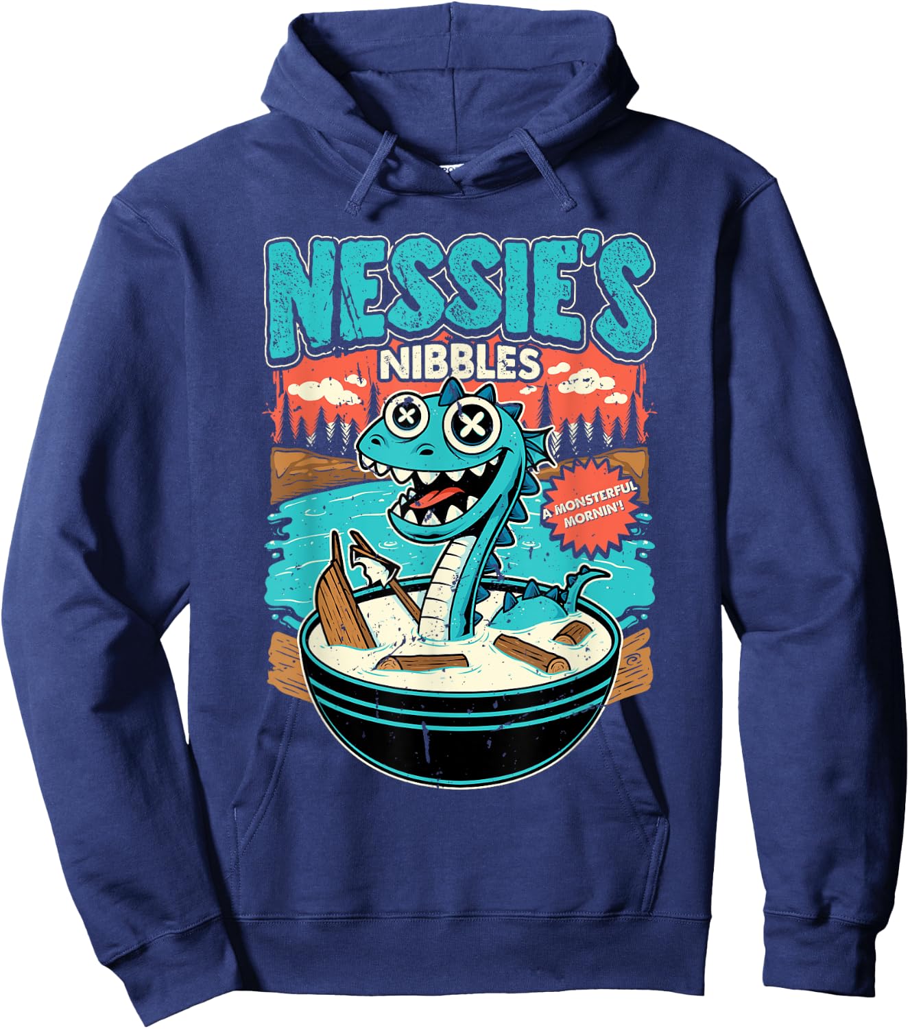 Nessie’s Nibbles Cereal Design Loch Ness Monster Parody Hoodie - Hoodie | Navy