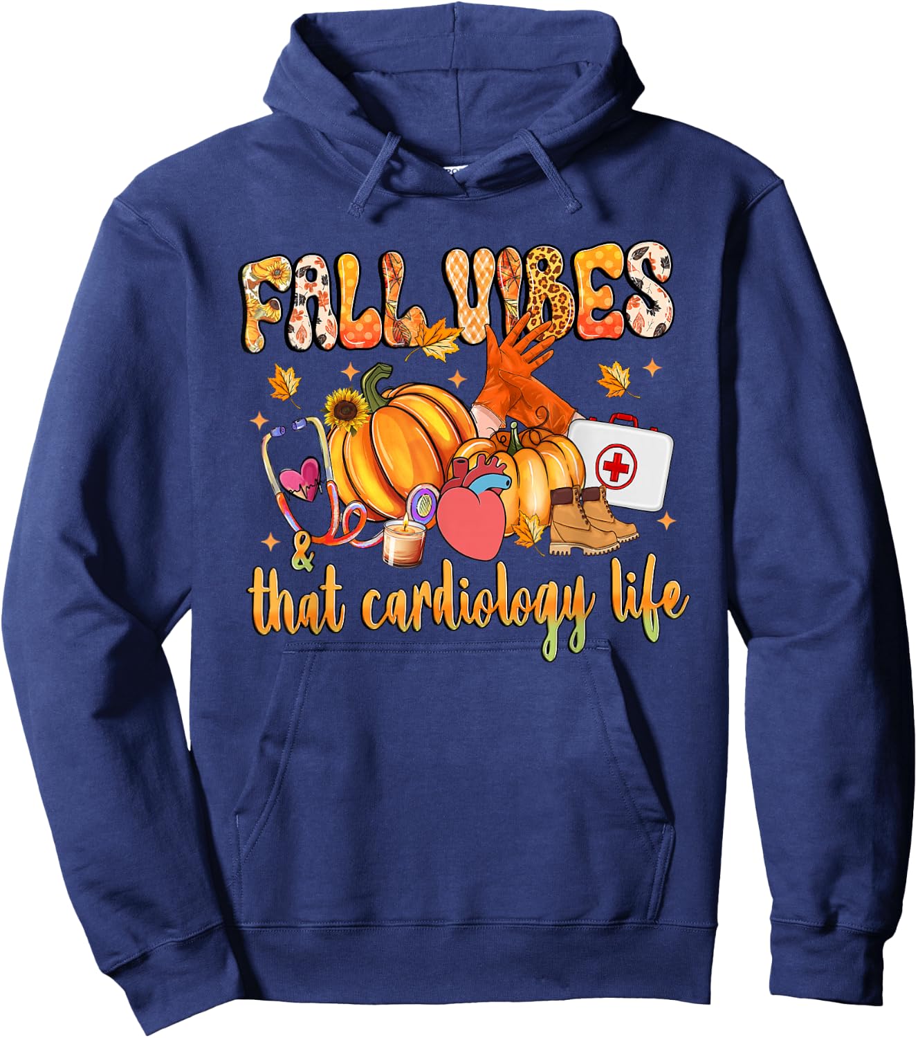 Fall Vibes & That Cardiology Life Pumpkin Leopard Gifts Hoodie - Hoodie | Navy
