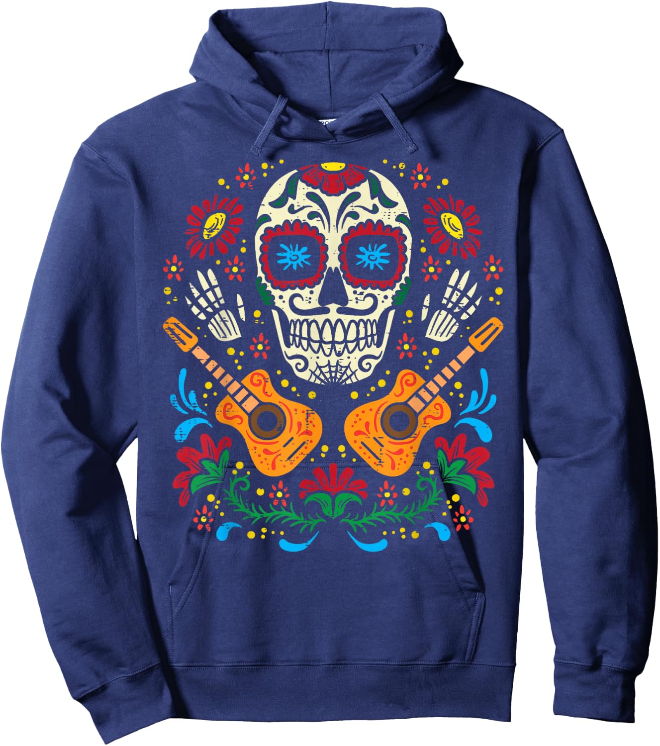 Sugar Skull Flowers Guitar Dia De Muertos Mexican Halloween Hoodie - Hoodie | Navy