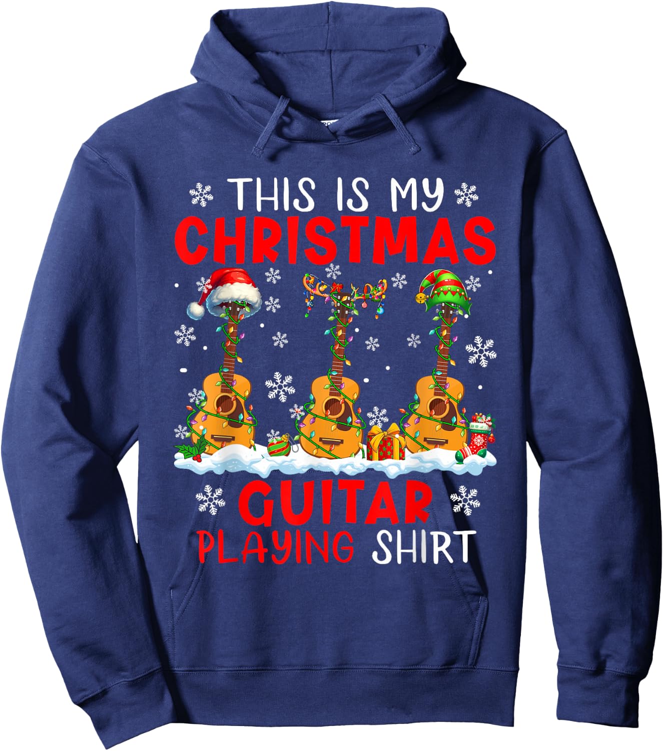 My Christmas Guitar Playing Shirt Three Santa Instruments Hoodie - Hoodie | Navy