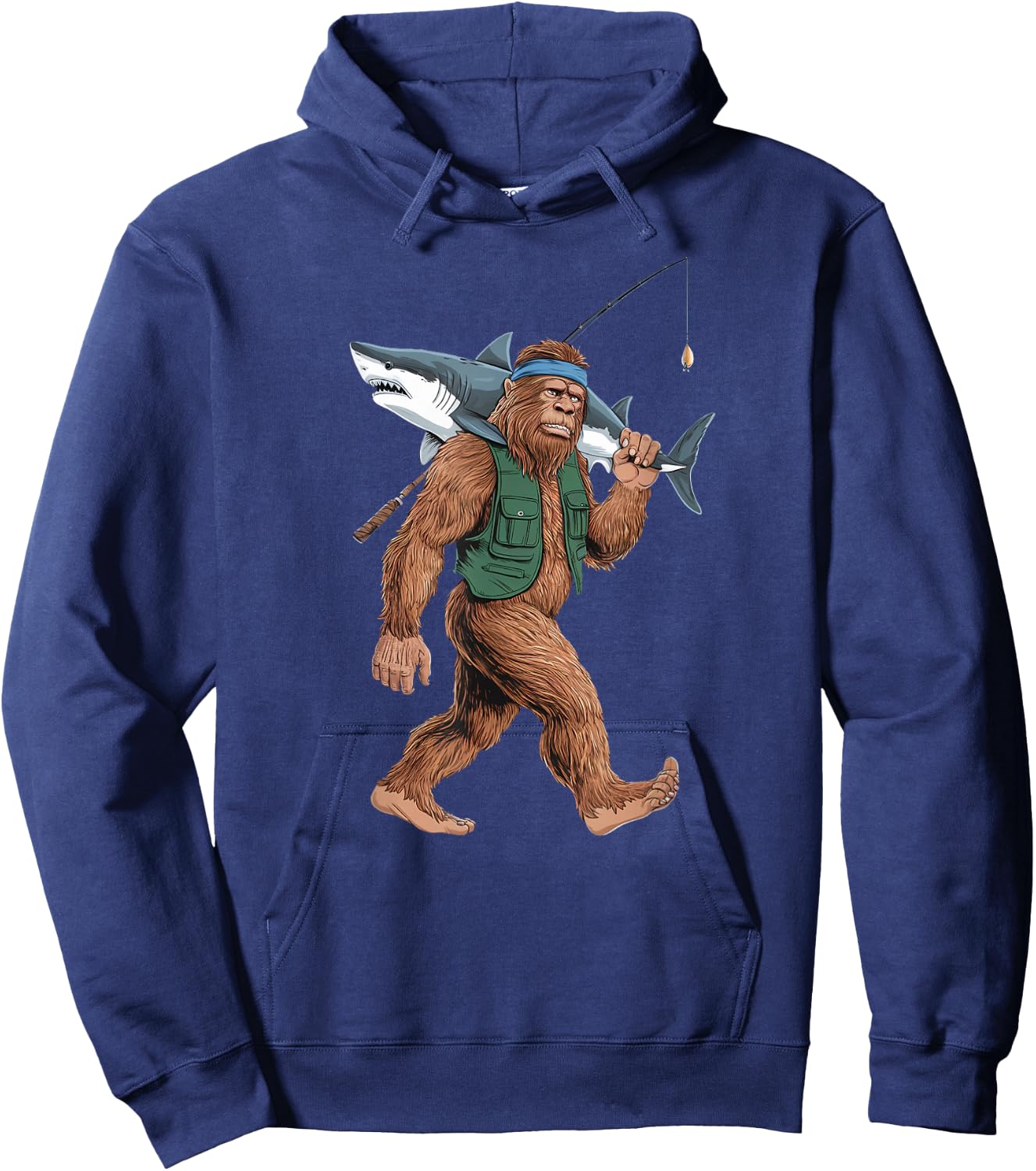 Bigfoot Fisherman Shirt - Funny Sasquatch With Shark Hoodie - Hoodie | Navy