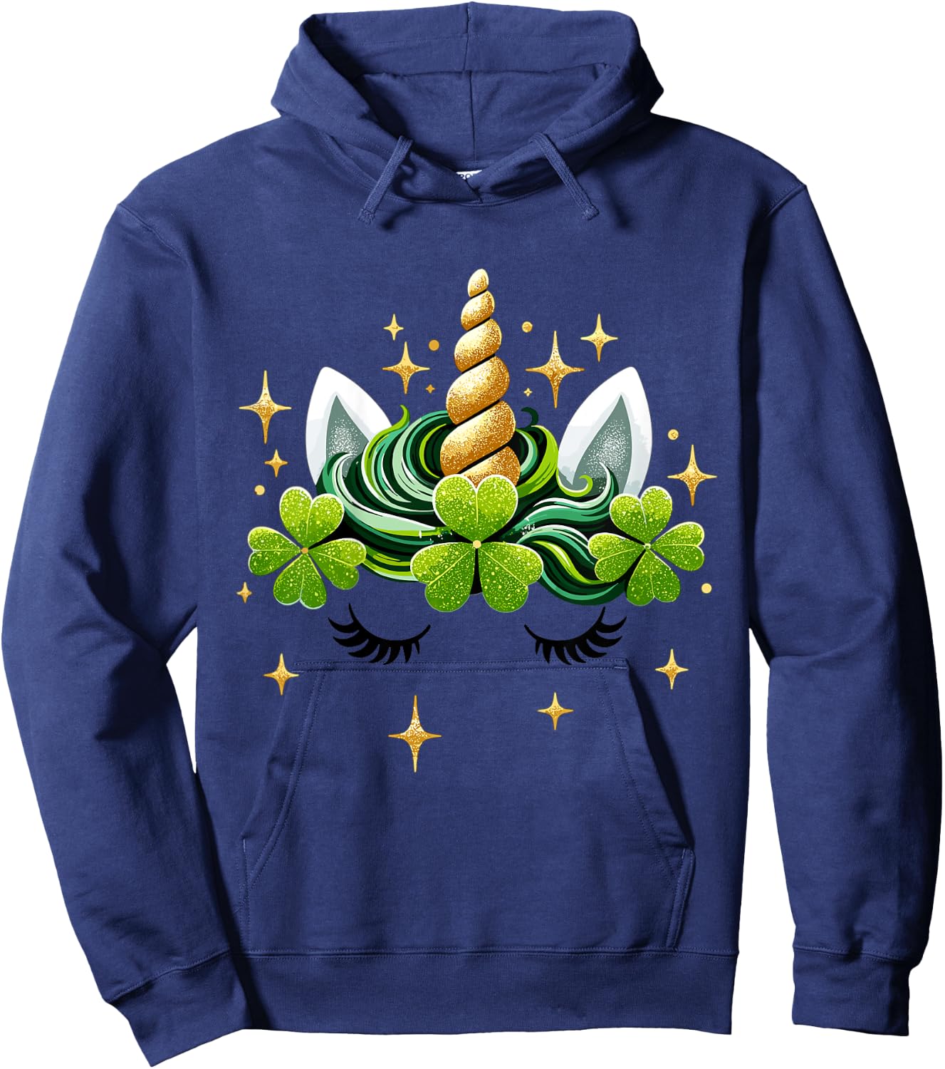 Kids Unicorn Face Shamrock St Patrick's Day Girl Hoodie - Hoodie | Navy