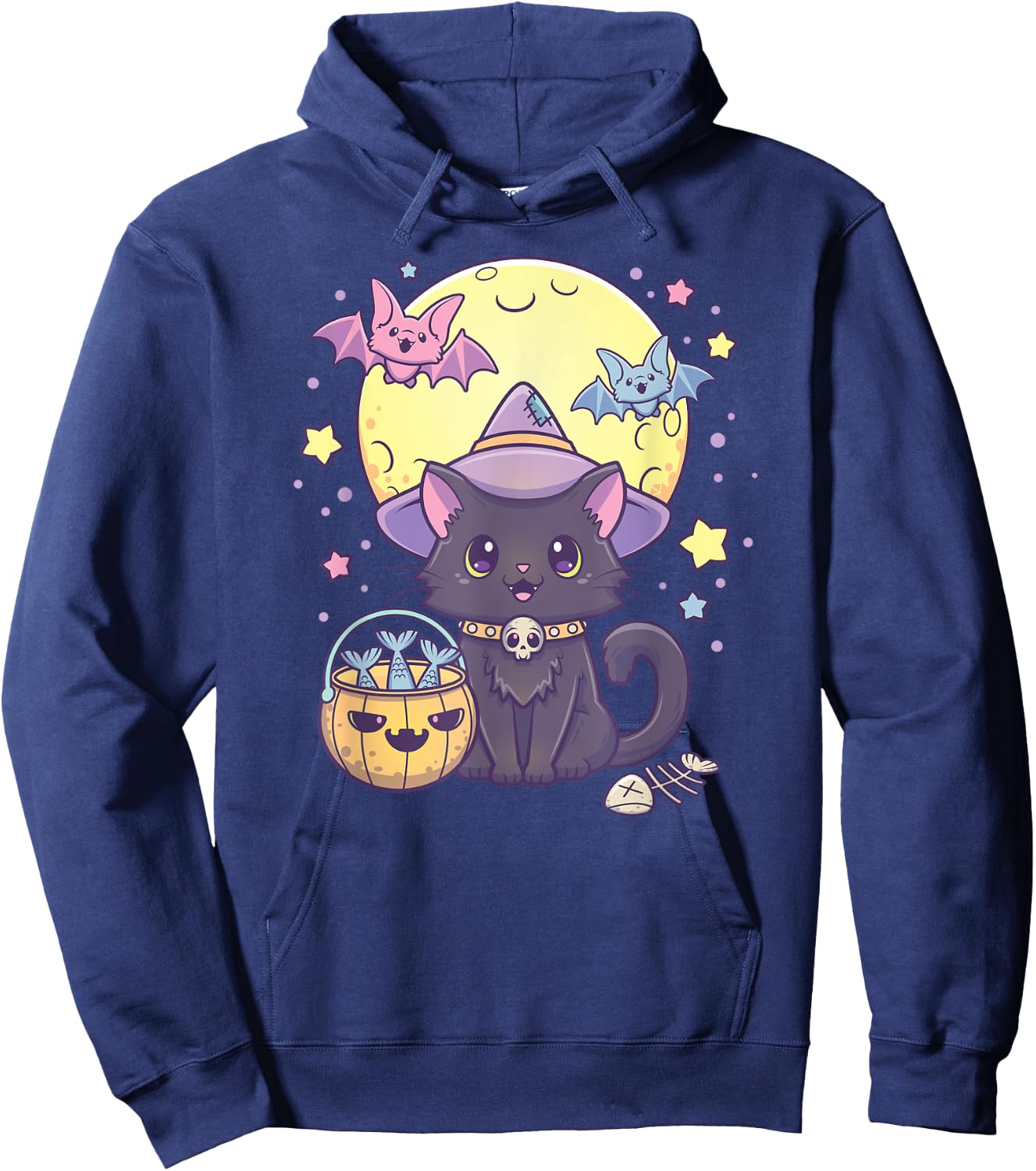 Kawaii Pastel Goth Cute Creepy Halloween Black Cat Witch Hat Men Women Kids Hoodie - Hoodie | Navy