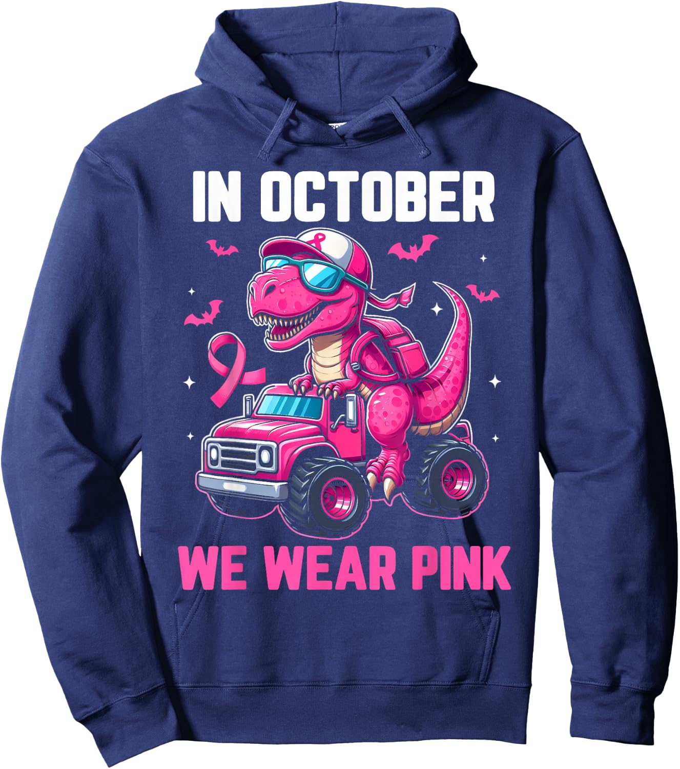 In October We Wear Pink Dino Trex Boys Toddler Breast Cancer Hoodie - Hoodie | Navy