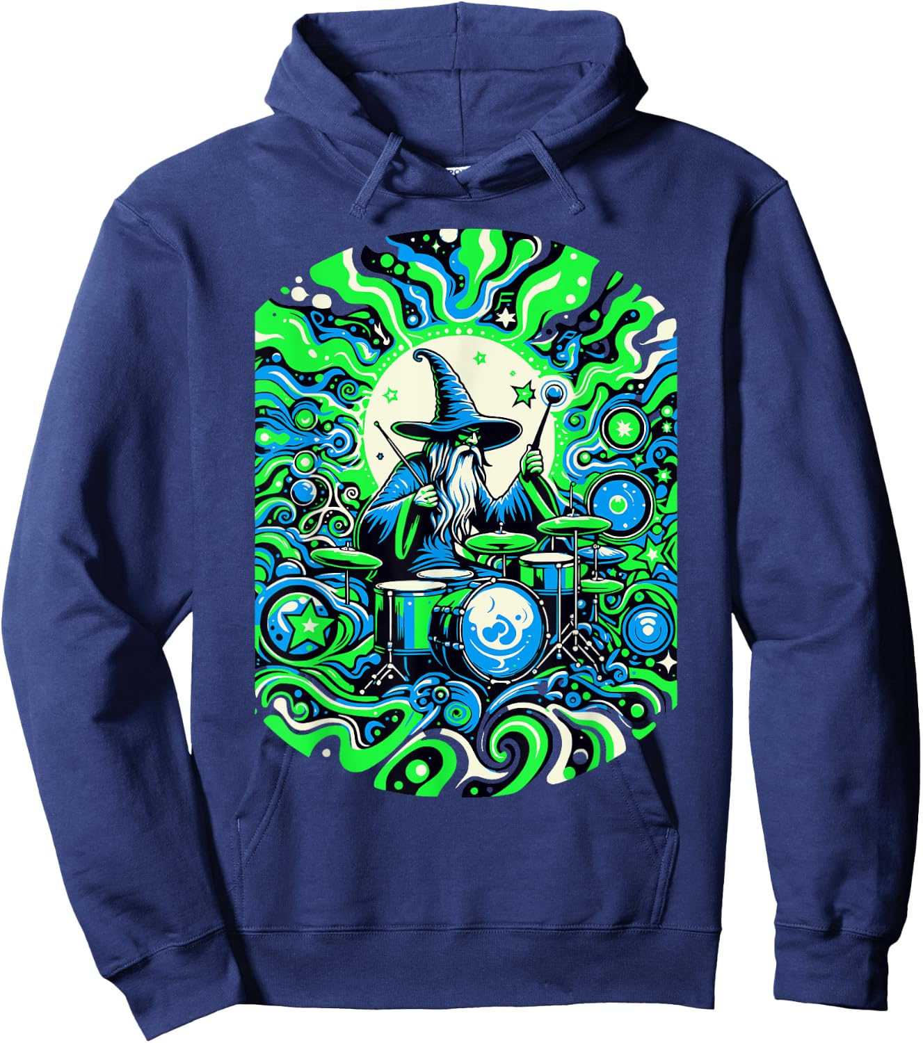 Psychedelic Trippy Rave Colourful Wizard on Drums Hoodie - Hoodie | Navy