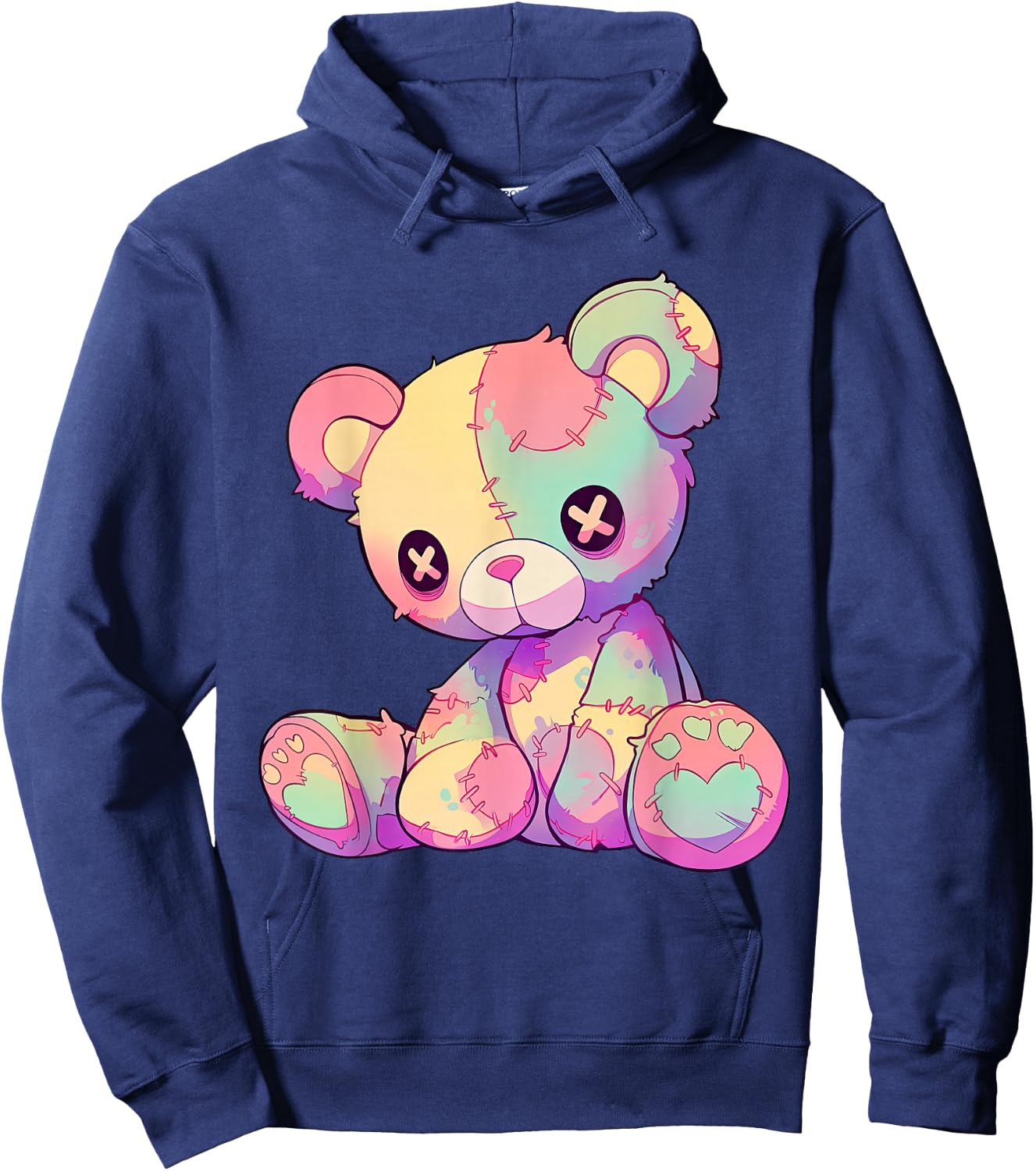 Kawaii Pastel Goth Creepy Cute Witchy Patchwork Teddy Bear Hoodie - Hoodie | Navy
