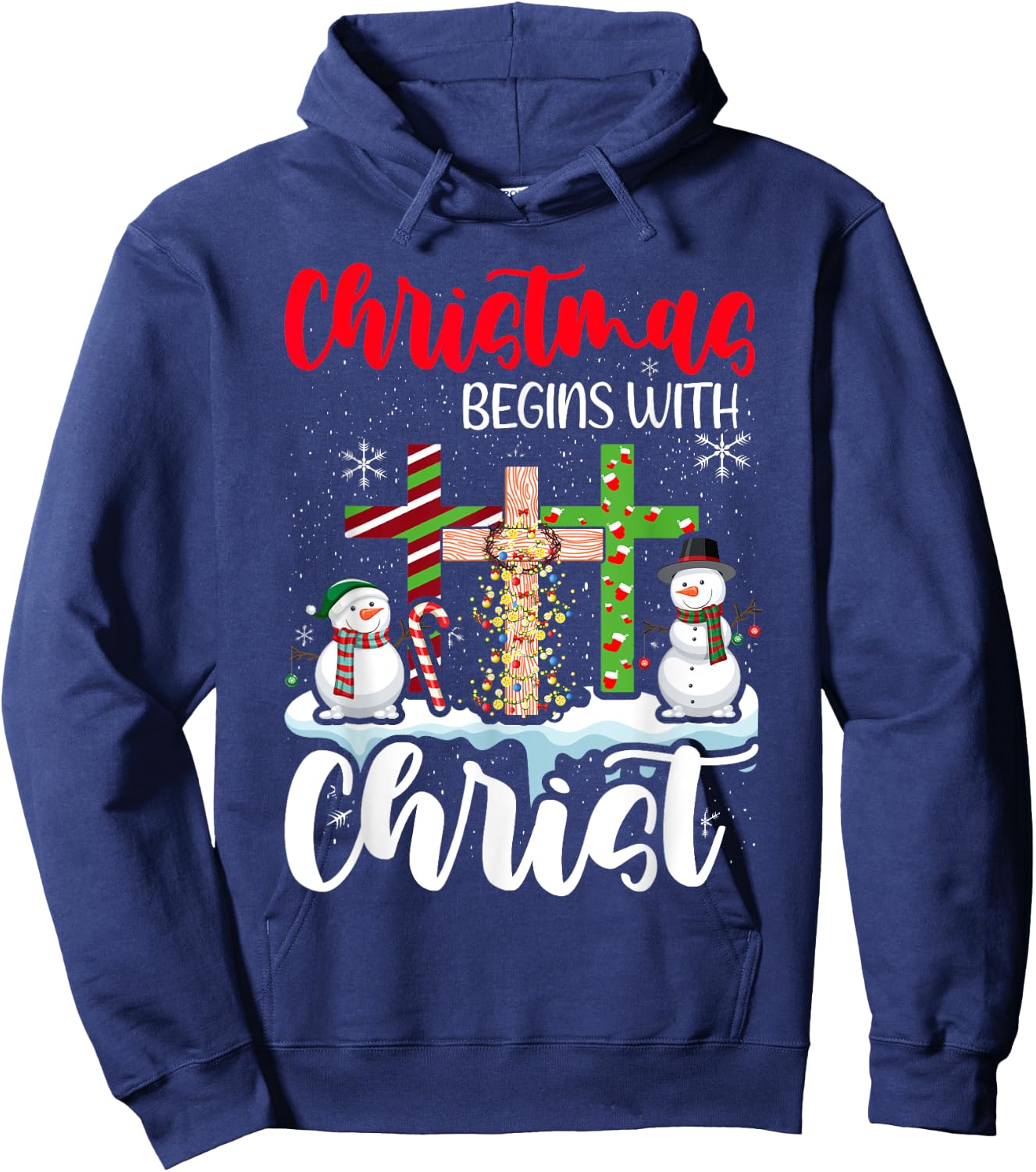 Christmas Begins With Christ Snowman Christian Cross Xmas Hoodie - Hoodie | Navy