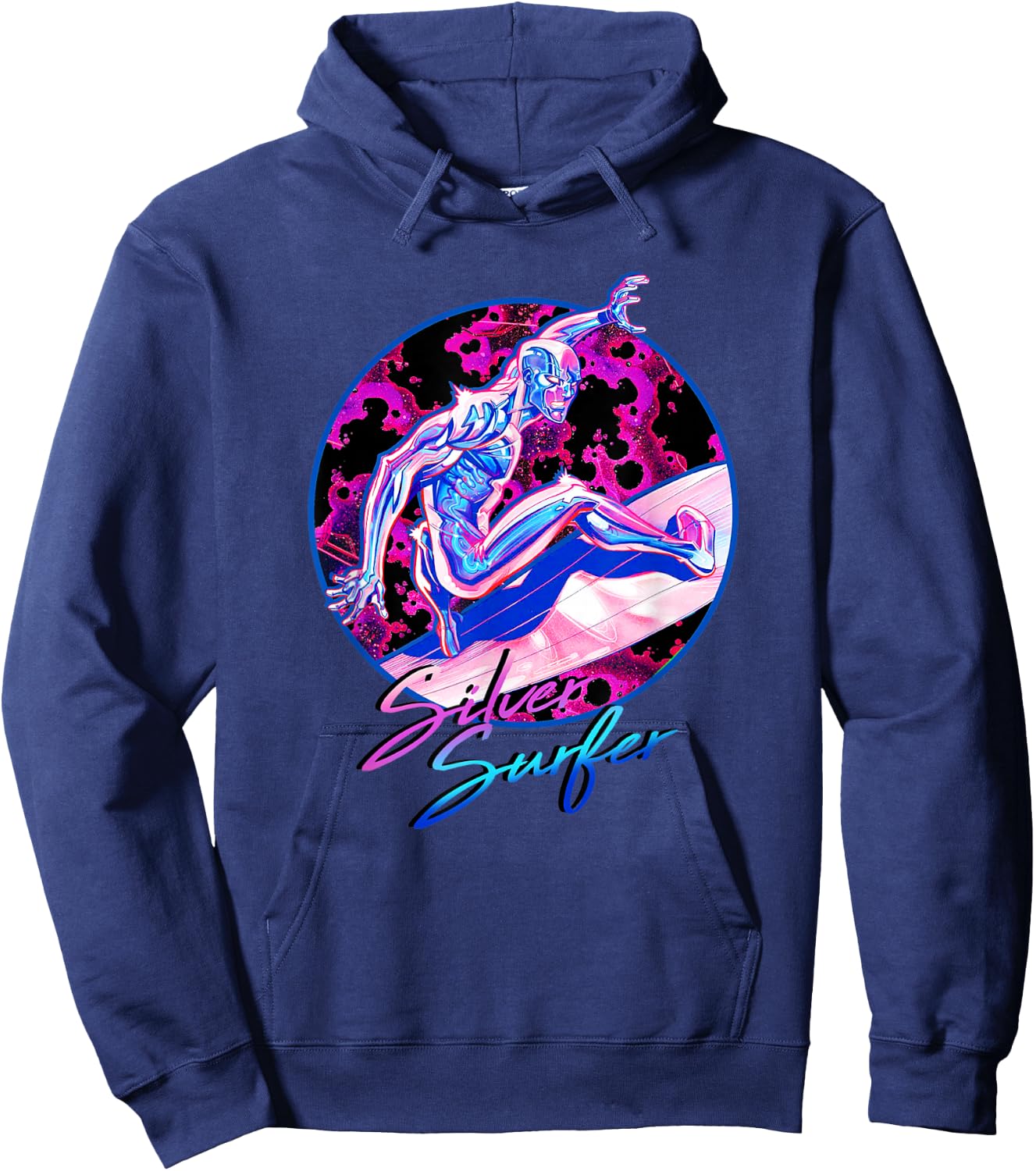 Marvel Fantastic Four Silver Surfer Bright Neon 80s Logo Hoodie - Hoodie | Navy