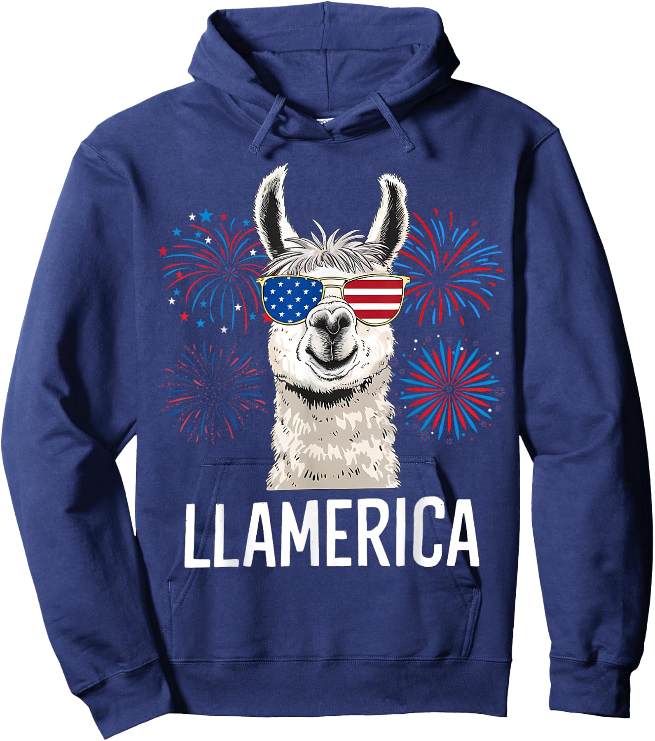 Funny Llamerica Fourth July American Flag Firework Graphic Hoodie - Hoodie | Navy
