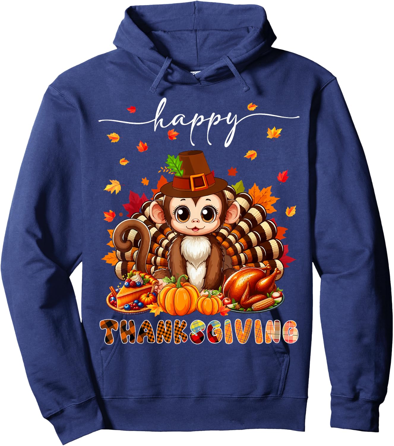 Happy Thanksgiving Monkey Costume Turkey Fall Leaves Food Hoodie - Hoodie | Navy