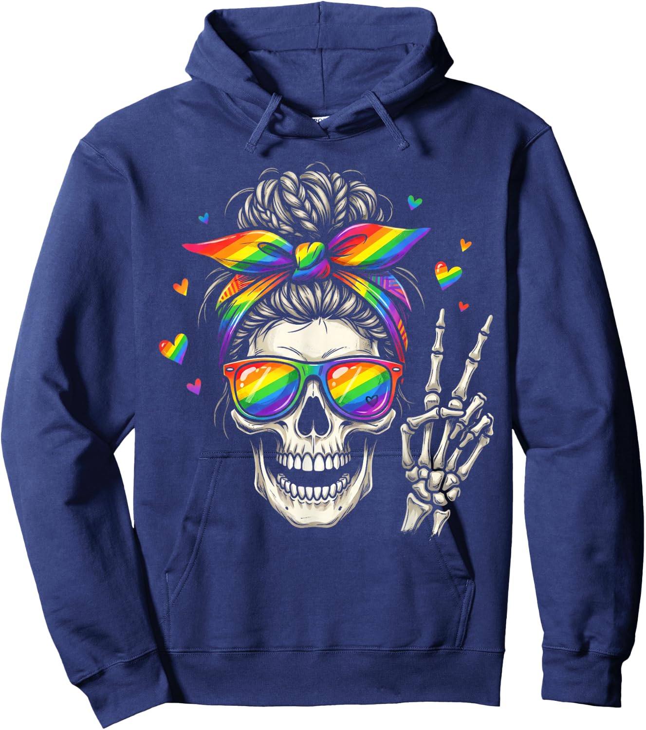 Messy Bun Skull Rainbow Flag LGBT Gay Pride Women Girls Hoodie - Hoodie | Navy