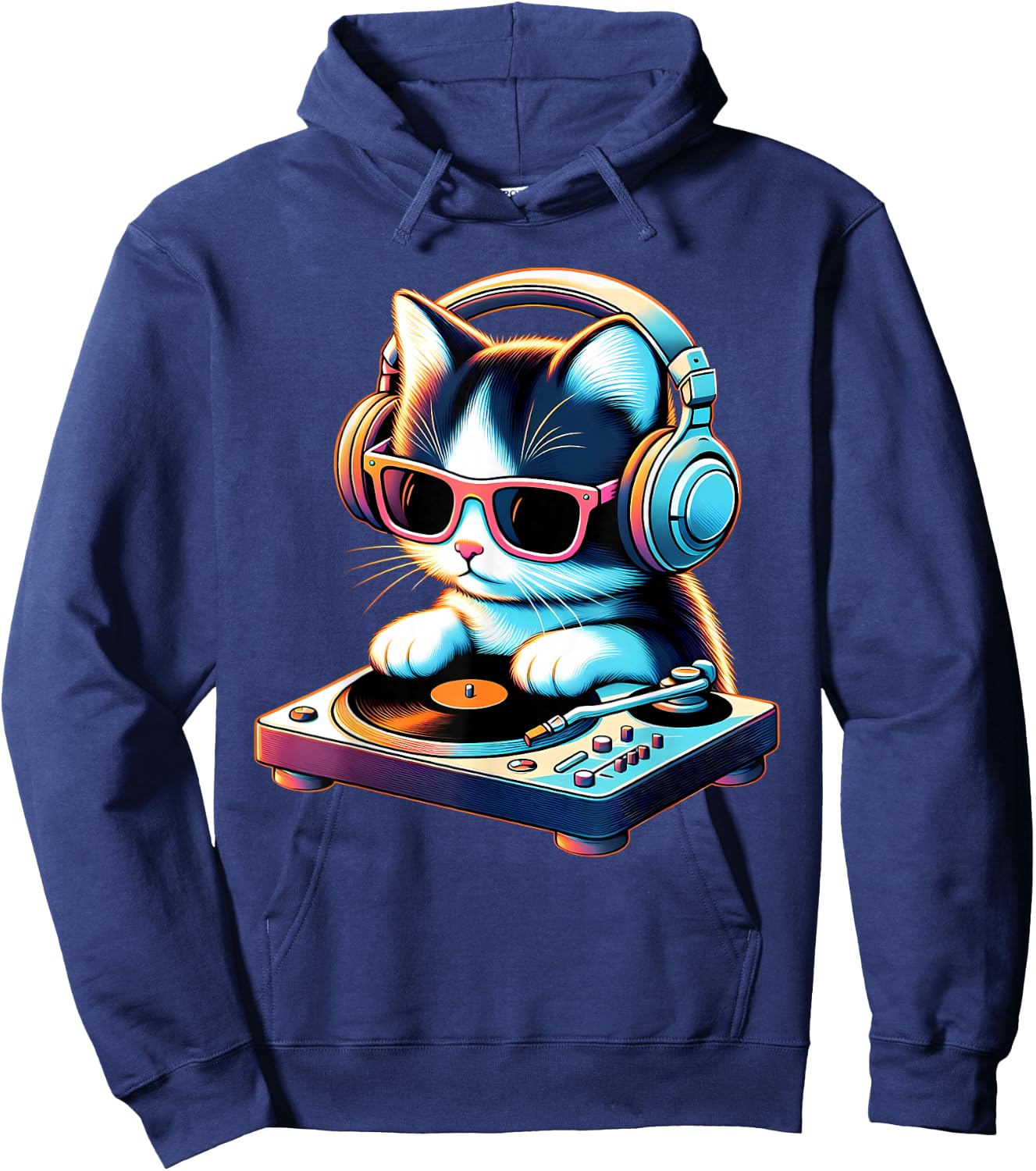 DJ Kitten Turntable Music Vibe Cat Cool Modern Playful Art Hoodie - Hoodie | Navy